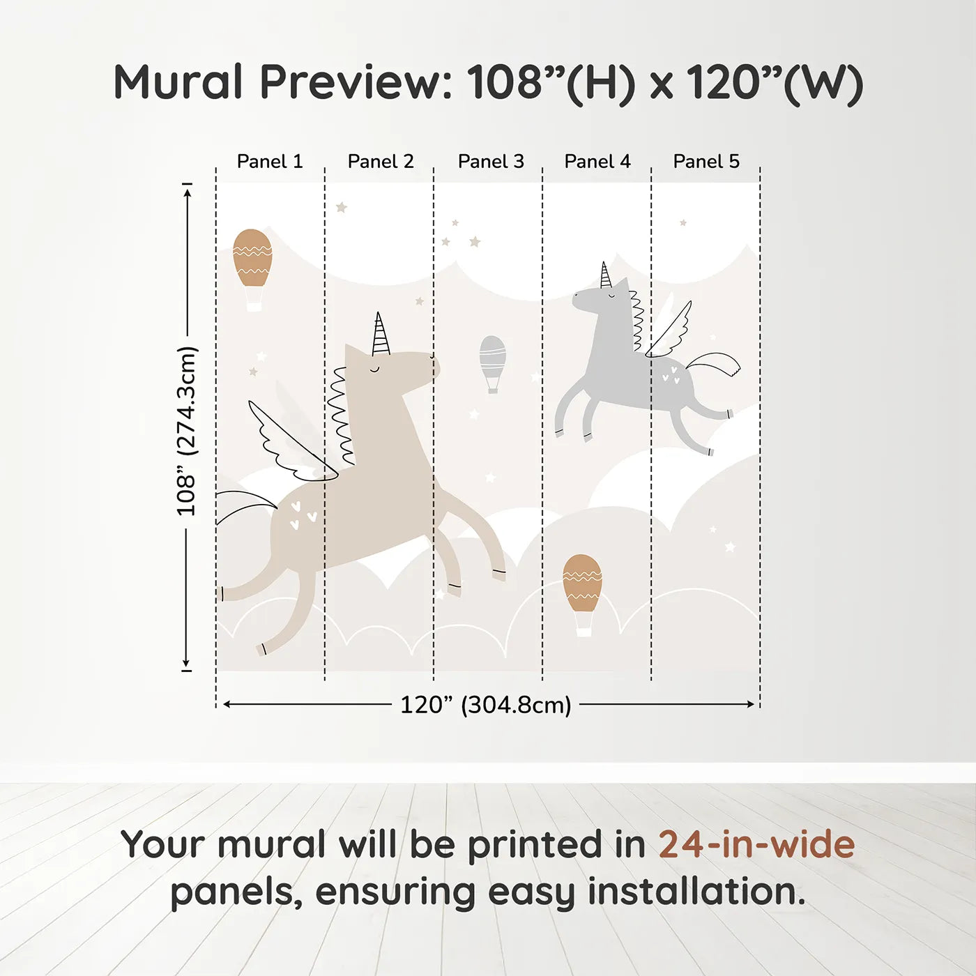 Whimsy Tots Flying Unicorns Wall Muraldimension view (108" H x 120" W). Printed in five 24-inch-wide panels. Gender-Neutral