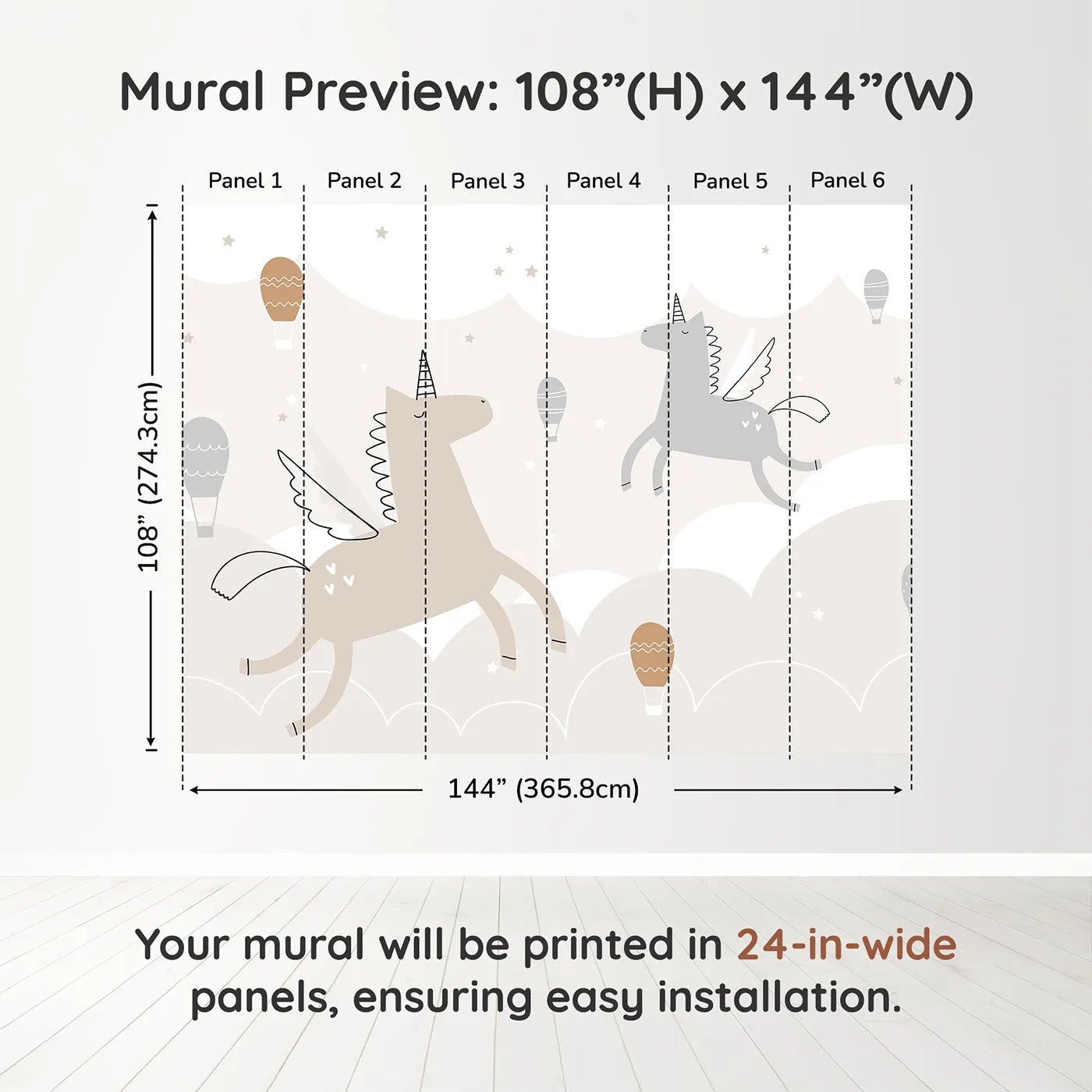 Whimsy Tots Flying Unicorns Wall Muraldimension view (108" H x 144" W). Printed in six 24-inch-wide panels. Gender-Neutral