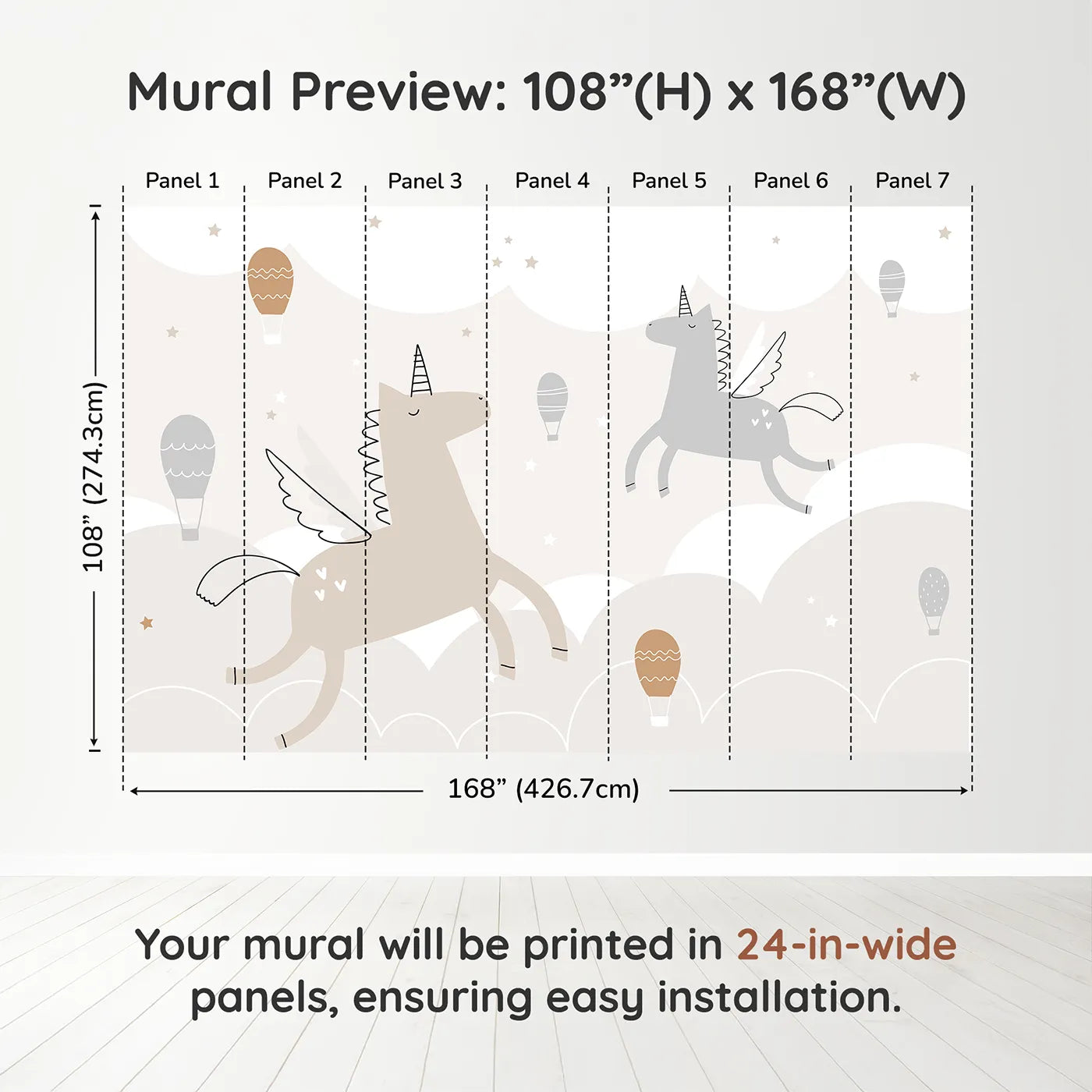 Whimsy Tots Flying Unicorns Wall Muraldimension view (108" H x 168" W). Printed in seven 24-inch-wide panels. Gender-Neutral