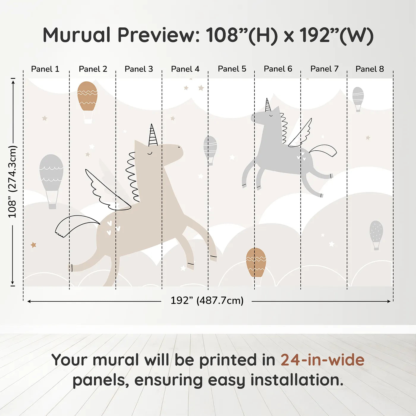 Whimsy Tots Flying Unicorns Wall Muraldimension view (108" H x 192" W). Printed in eight 24-inch-wide panels. Gender-Neutral