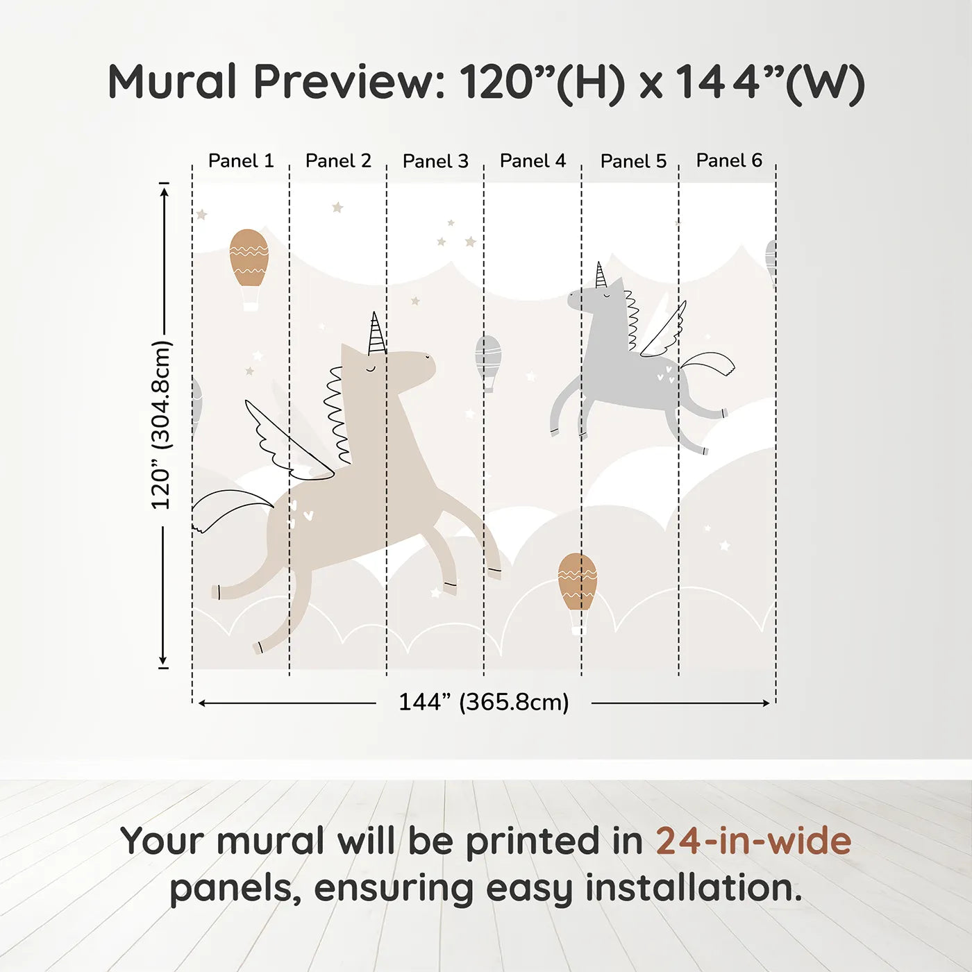 Whimsy Tots Flying Unicorns Wall Muraldimension view (120" H x 144" W). Printed in six 24-inch-wide panels. Gender-Neutral
