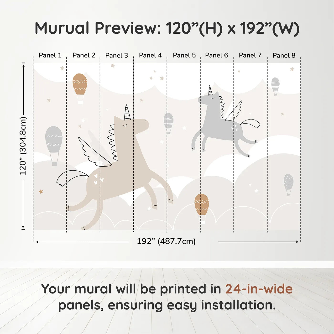 Whimsy Tots Flying Unicorns Wall Muraldimension view (120" H x 192" W). Printed in eight 24-inch-wide panels. Gender-Neutral
