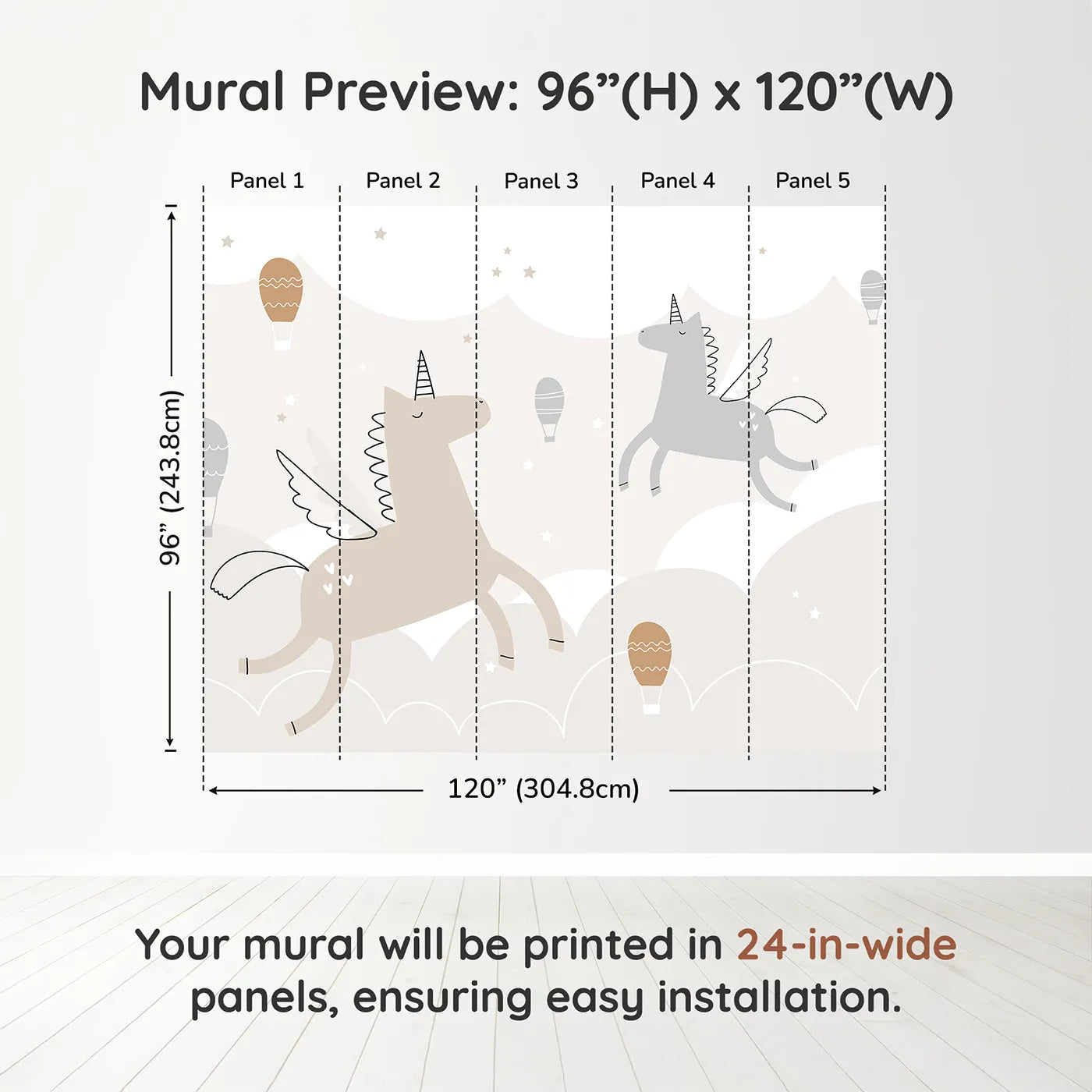 Whimsy Tots Flying Unicorns Wall Muraldimension view (96" H x 120" W). Printed in five 24-inch-wide panels. Gender-Neutral