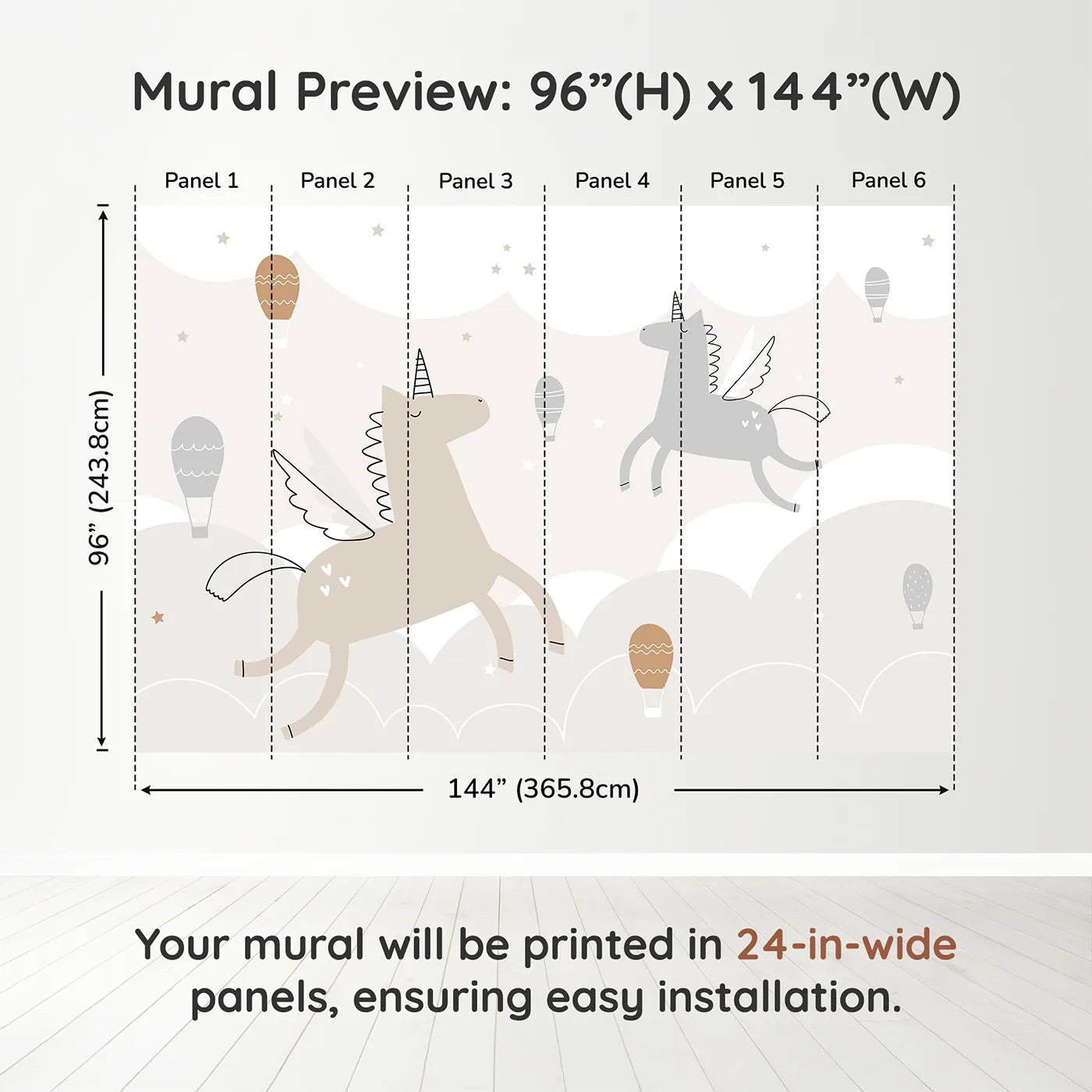 Whimsy Tots Flying Unicorns Wall Muraldimension view (96" H x 144" W). Printed in six 24-inch-wide panels. Gender-Neutral