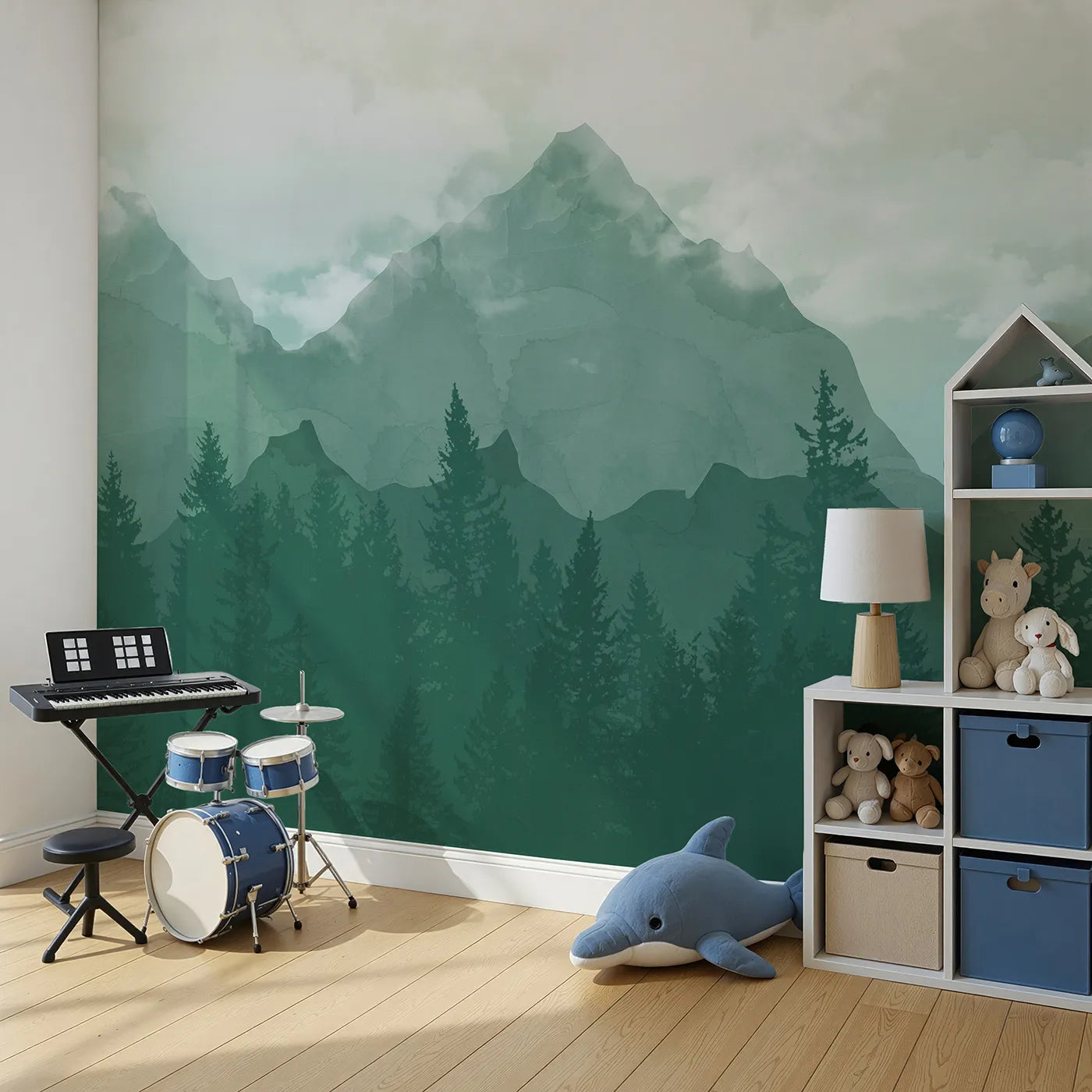 Angled view of Whimsy Tots' Misty Green Mountain Forest Wall Mural (Turn Their Room into a Moody, Atmospheric Mountain Vista).Gender-Neutral
