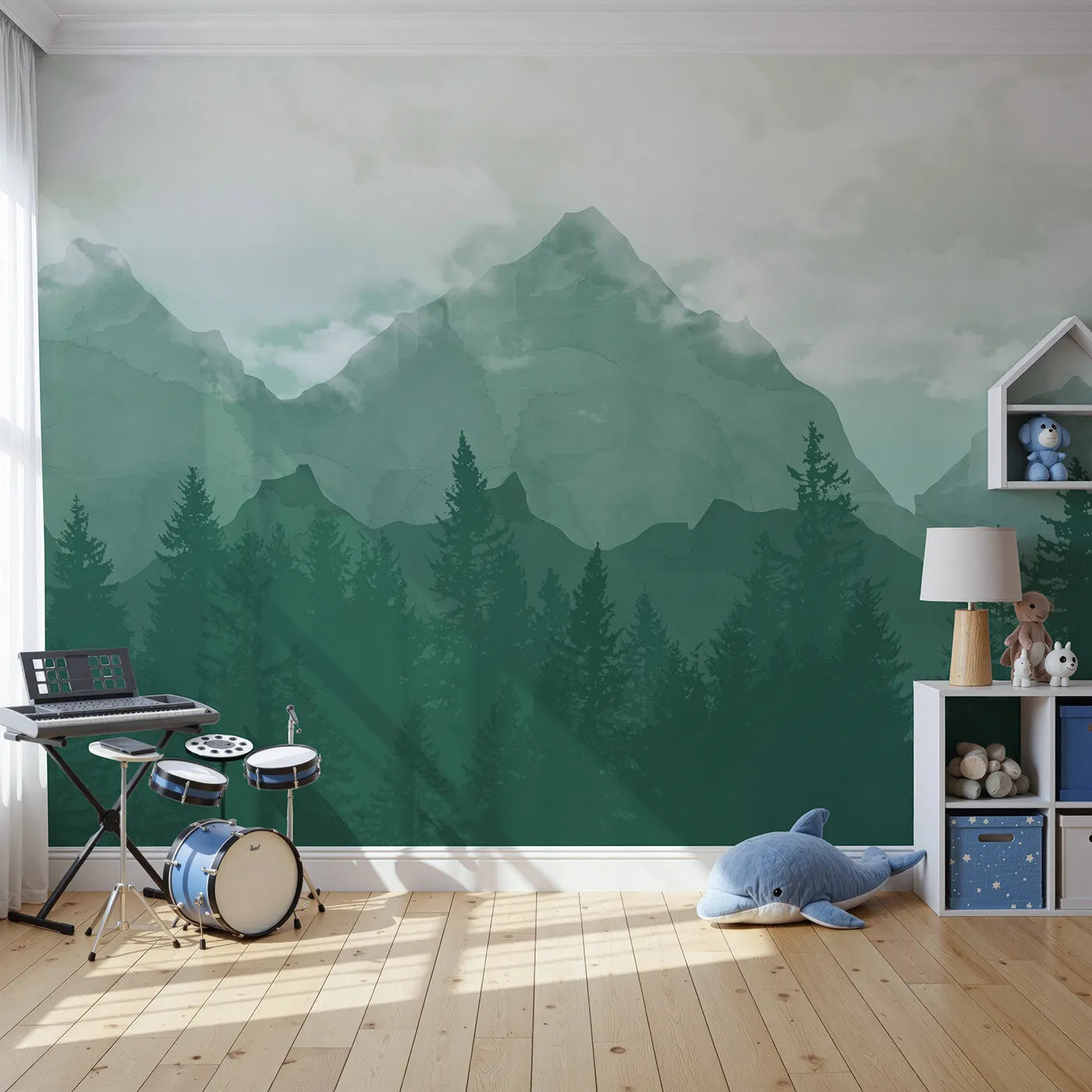 Front view of Whimsy Tots' Misty Green Mountain Forest Wall Mural