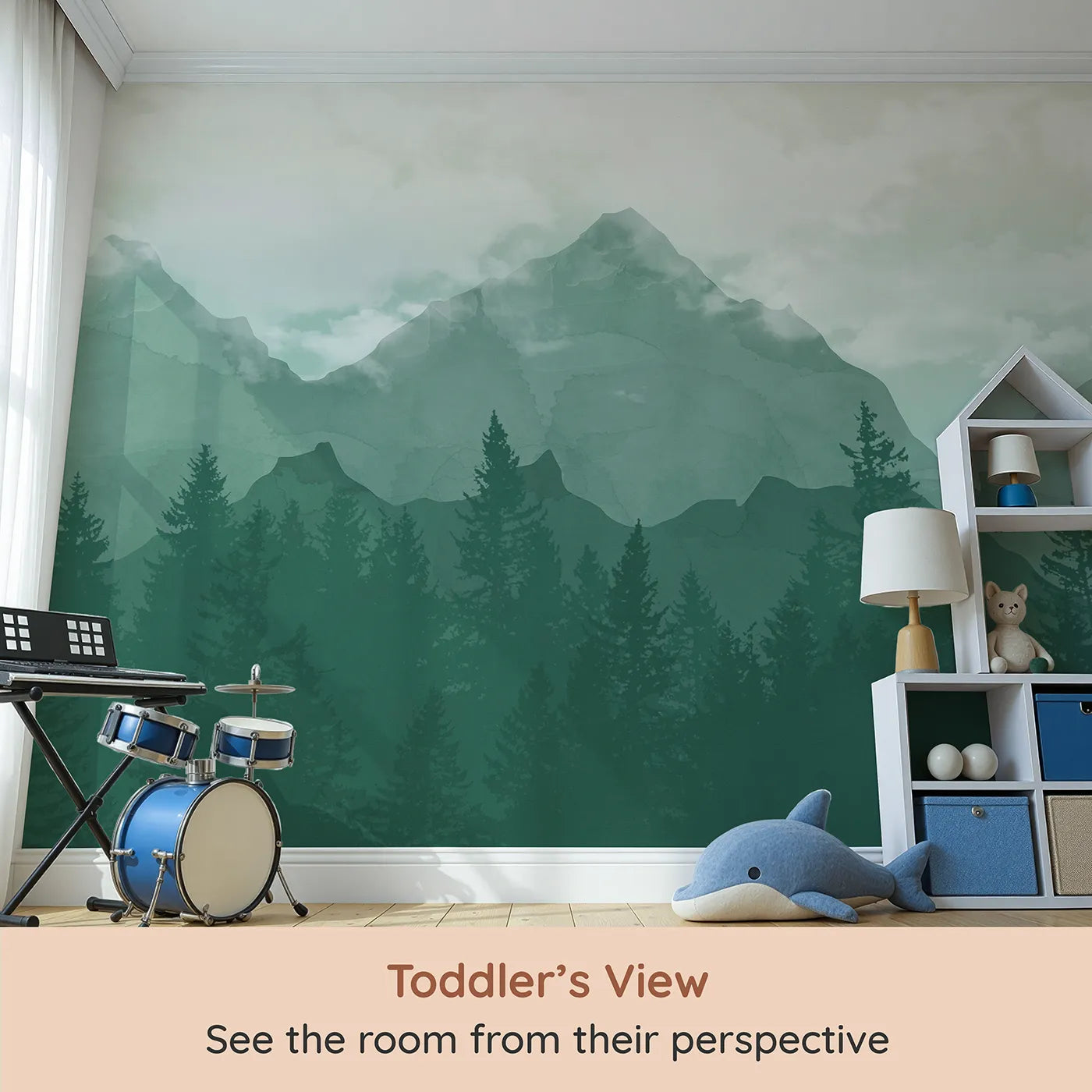 Whimsy Tots Misty Green Mountain Forest Wall Mural (Turn Their Room into a Moody, Atmospheric Mountain Vista) from your child's view.Gender-Neutral