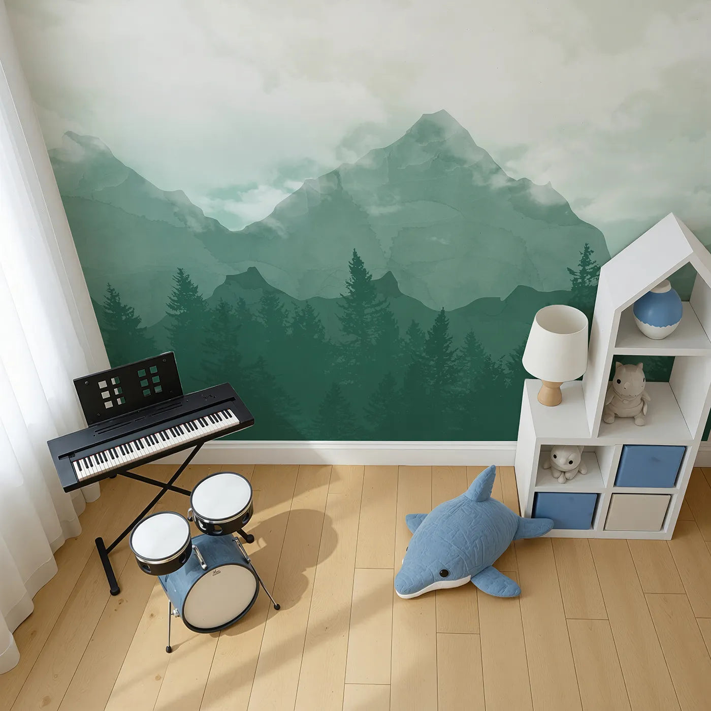 Top-down view of Whimsy Tots' Misty Green Mountain Forest Wall Mural (Turn Their Room into a Moody, Atmospheric Mountain Vista).Gender-Neutral
