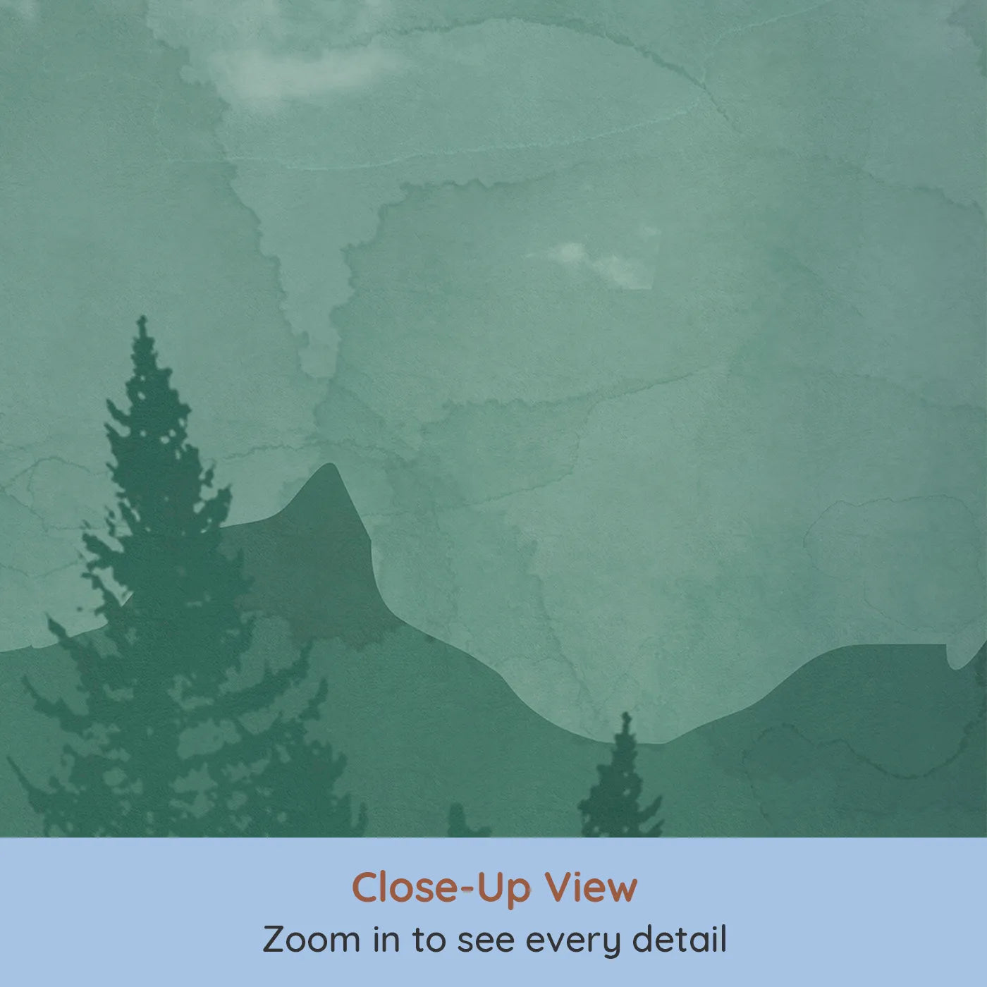 Close-up view of Whimsy Tots' Misty Green Mountain Forest Wall Mural (Turn Their Room into a Moody, Atmospheric Mountain Vista).Gender-Neutral
