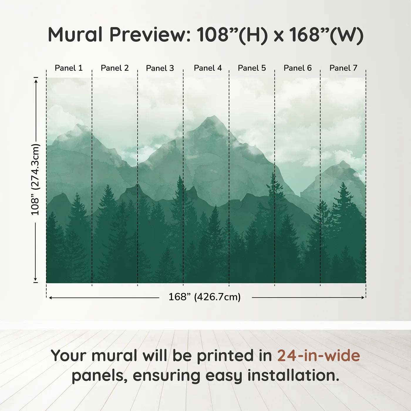 Whimsy Tots Misty Green Mountain Forest Wall Muraldimension view (108" H x 168" W). Printed in seven 24-inch-wide panels. Gender-Neutral