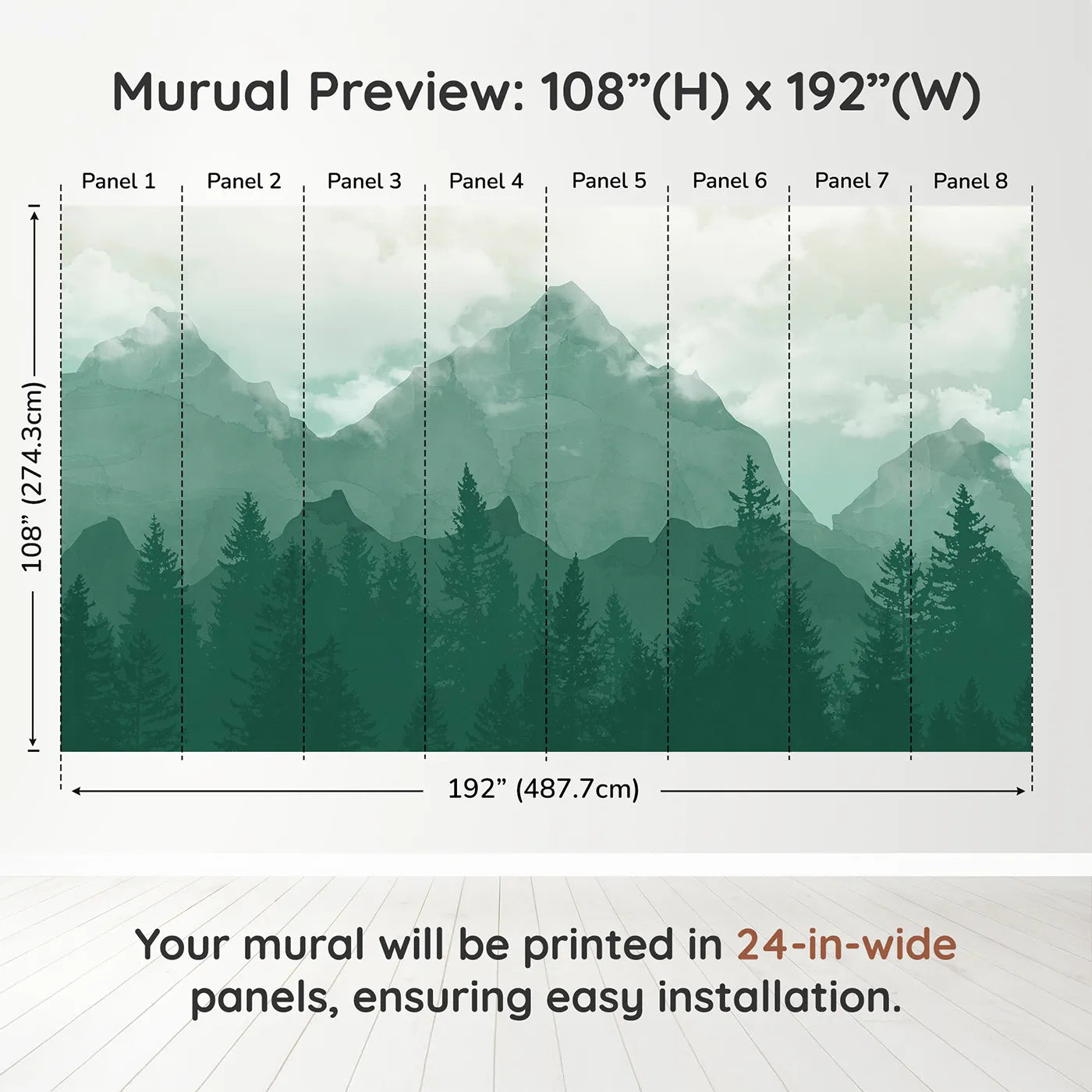 Whimsy Tots Misty Green Mountain Forest Wall Muraldimension view (108" H x 192" W). Printed in eight 24-inch-wide panels. Gender-Neutral
