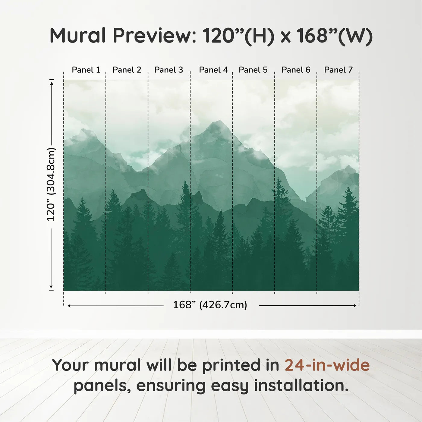 Whimsy Tots Misty Green Mountain Forest Wall Muraldimension view (120" H x 168" W). Printed in seven 24-inch-wide panels. Gender-Neutral