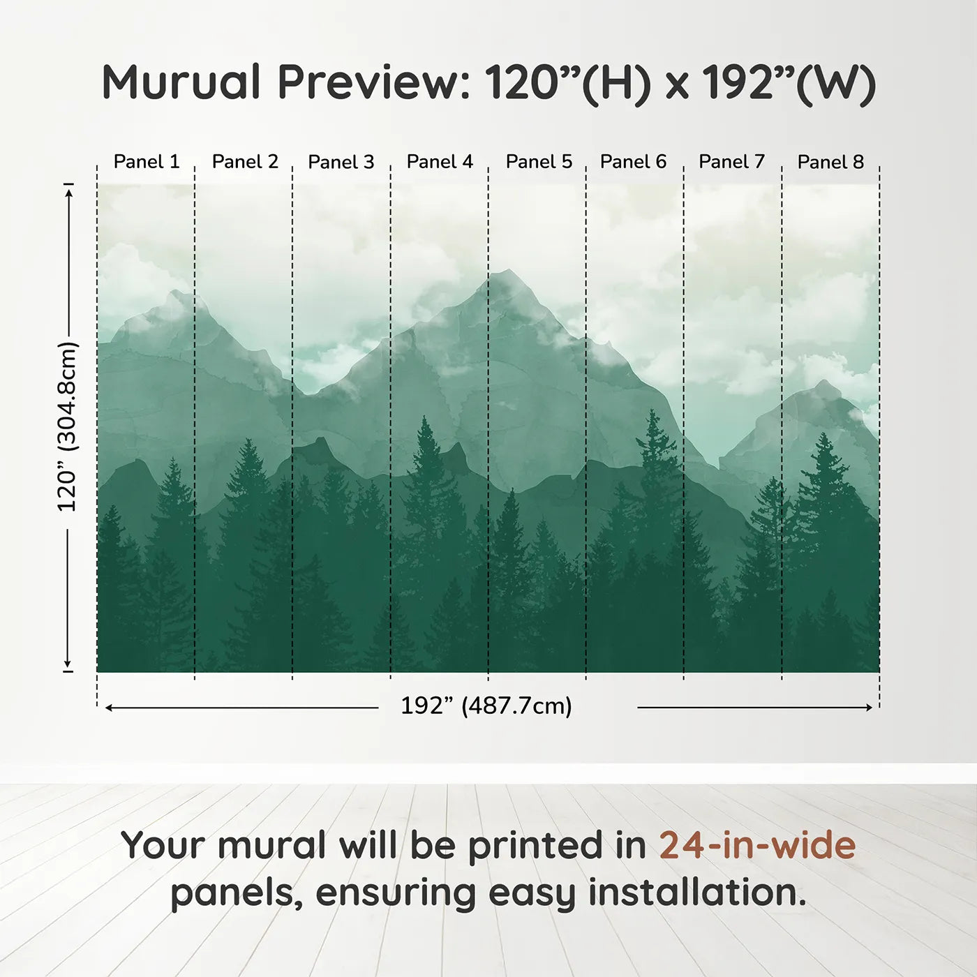 Whimsy Tots Misty Green Mountain Forest Wall Muraldimension view (120" H x 192" W). Printed in eight 24-inch-wide panels. Gender-Neutral