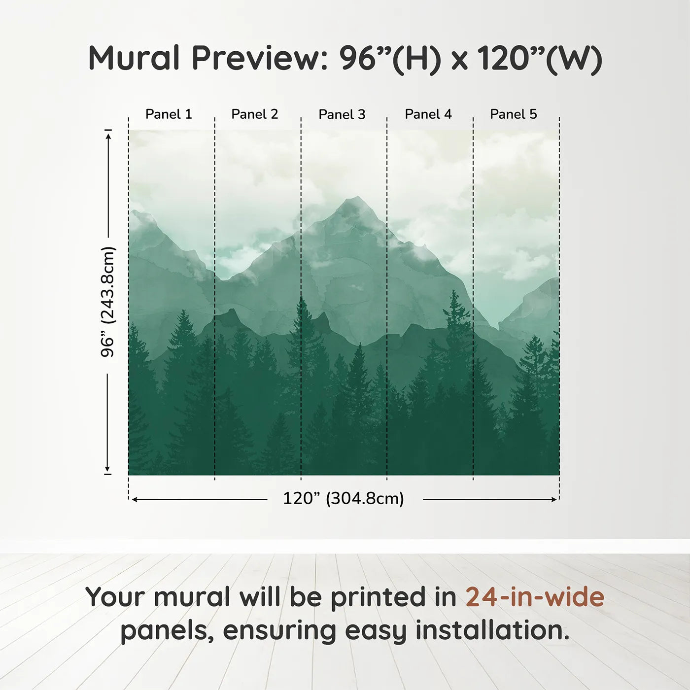 Whimsy Tots Misty Green Mountain Forest Wall Muraldimension view (96" H x 120" W). Printed in five 24-inch-wide panels. Gender-Neutral
