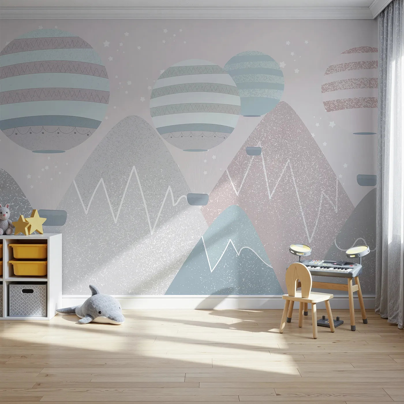 Front view of Whimsy Tots' Textured Mountain Air Show Wall Mural