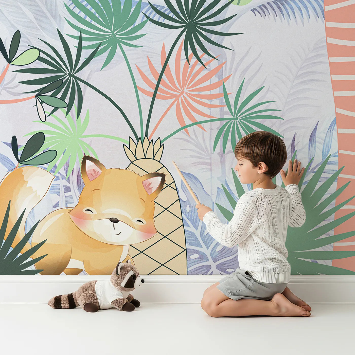 Child in front of Whimsy Tots Tropical Friends Wall Mural with animal, tropical, jungle, cute, panda, elephant, fox, palm tree in design.