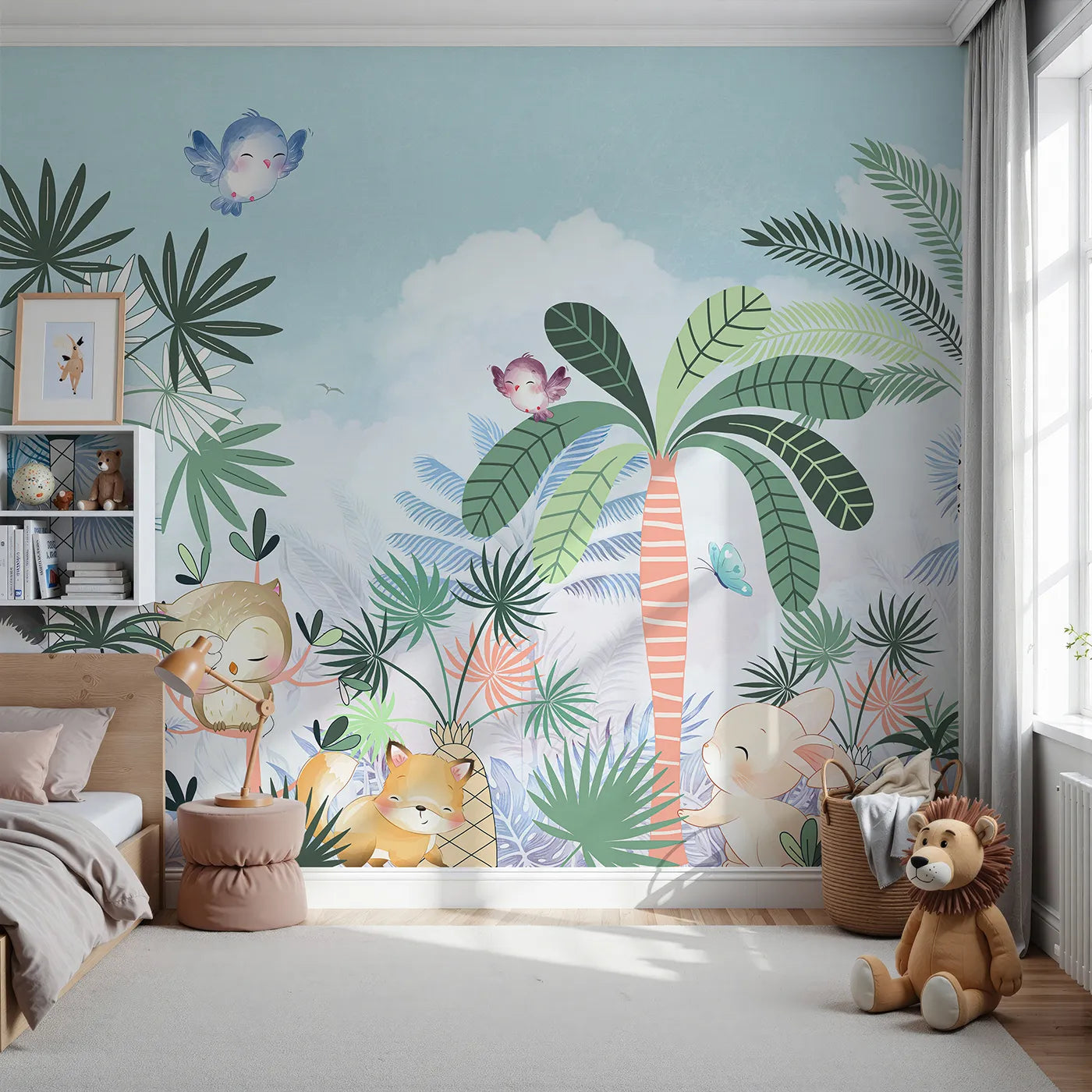 Front view of Whimsy Tots' Tropical Friends Wall Mural