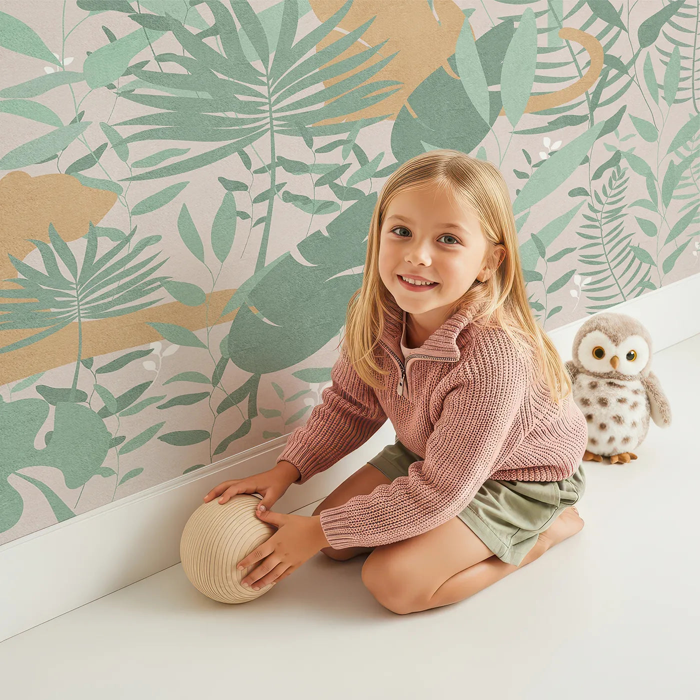 Child in front of Whimsy Tots Pastel Jungle Silhouette Wall Mural with jungle, tropical, silhouette, pastel, pink, green, modern, leaf in design.