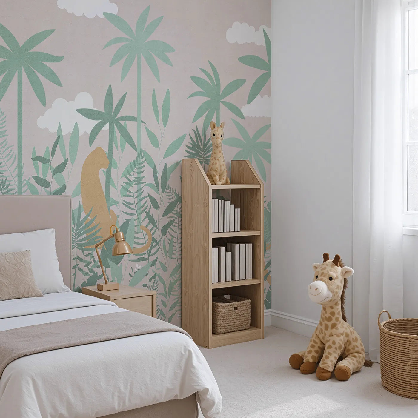 Angled view of Whimsy Tots' Pastel Jungle Silhouette Wall Mural (Turn Their Room into a Chic and Gentle Tropical Escape).Gender-Neutral
