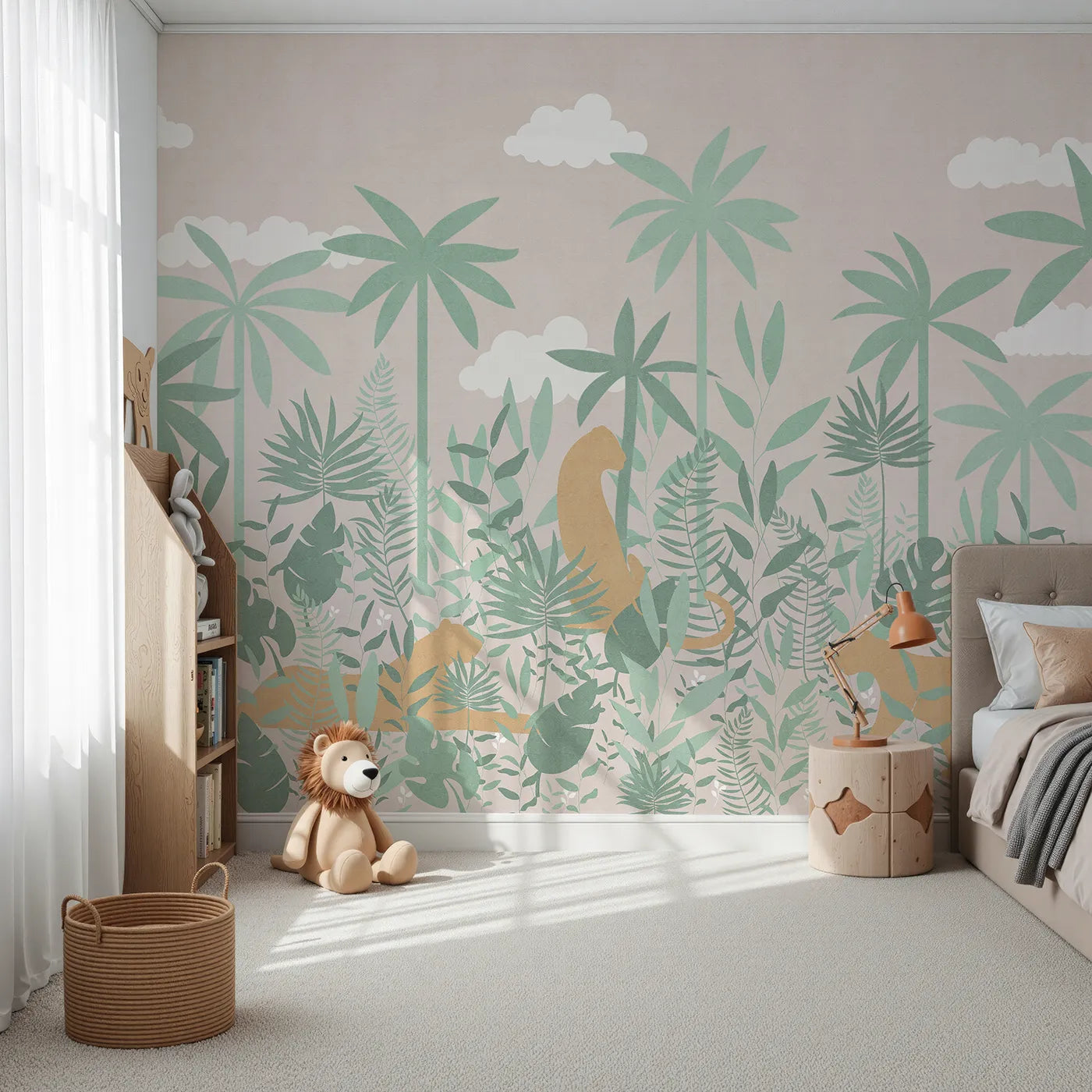 Front view of Whimsy Tots' Pastel Jungle Silhouette Wall Mural