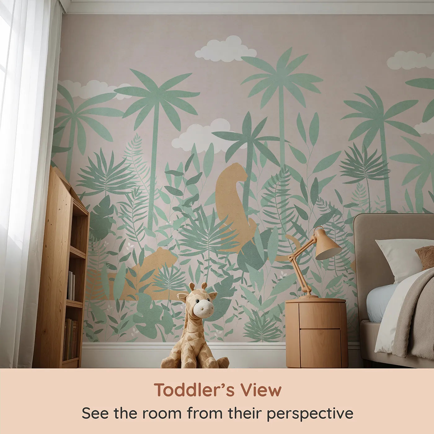 Whimsy Tots Pastel Jungle Silhouette Wall Mural (Turn Their Room into a Chic and Gentle Tropical Escape) from your child's view.Gender-Neutral