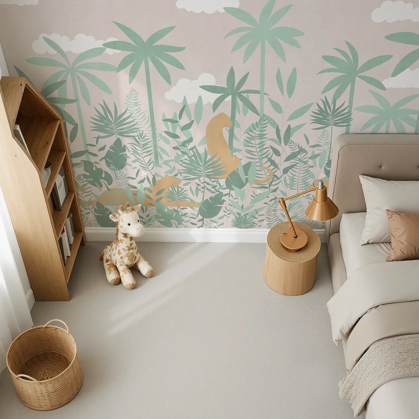 Top-down view of Whimsy Tots' Pastel Jungle Silhouette Wall Mural (Turn Their Room into a Chic and Gentle Tropical Escape).Gender-Neutral