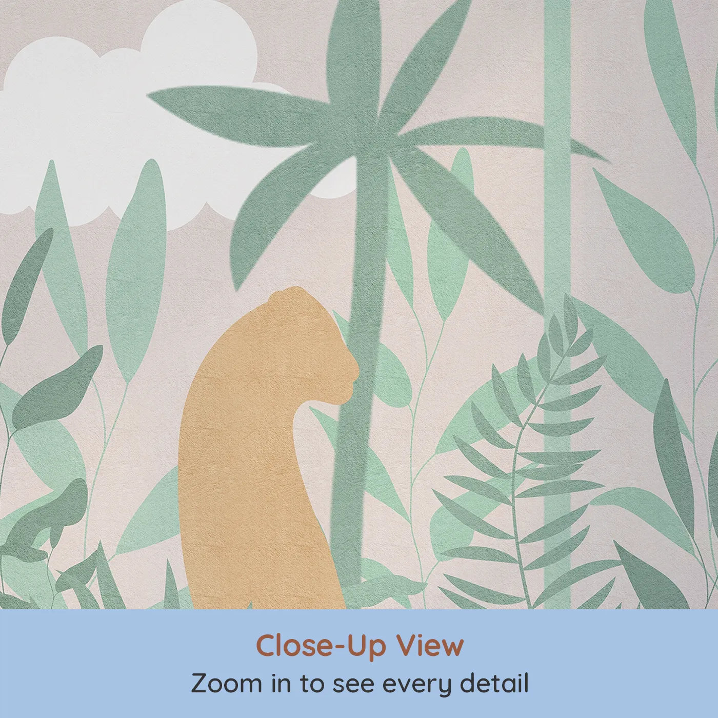 Close-up view of Whimsy Tots' Pastel Jungle Silhouette Wall Mural (Turn Their Room into a Chic and Gentle Tropical Escape).Gender-Neutral