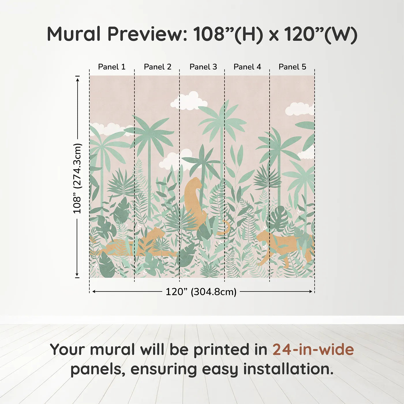 Whimsy Tots Pastel Jungle Silhouette Wall Muraldimension view (108" H x 120" W). Printed in five 24-inch-wide panels. Gender-Neutral