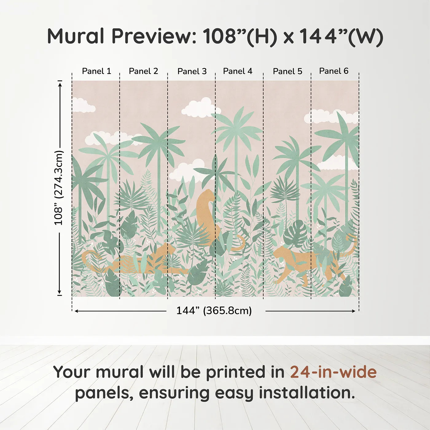 Whimsy Tots Pastel Jungle Silhouette Wall Muraldimension view (108" H x 144" W). Printed in six 24-inch-wide panels. Gender-Neutral