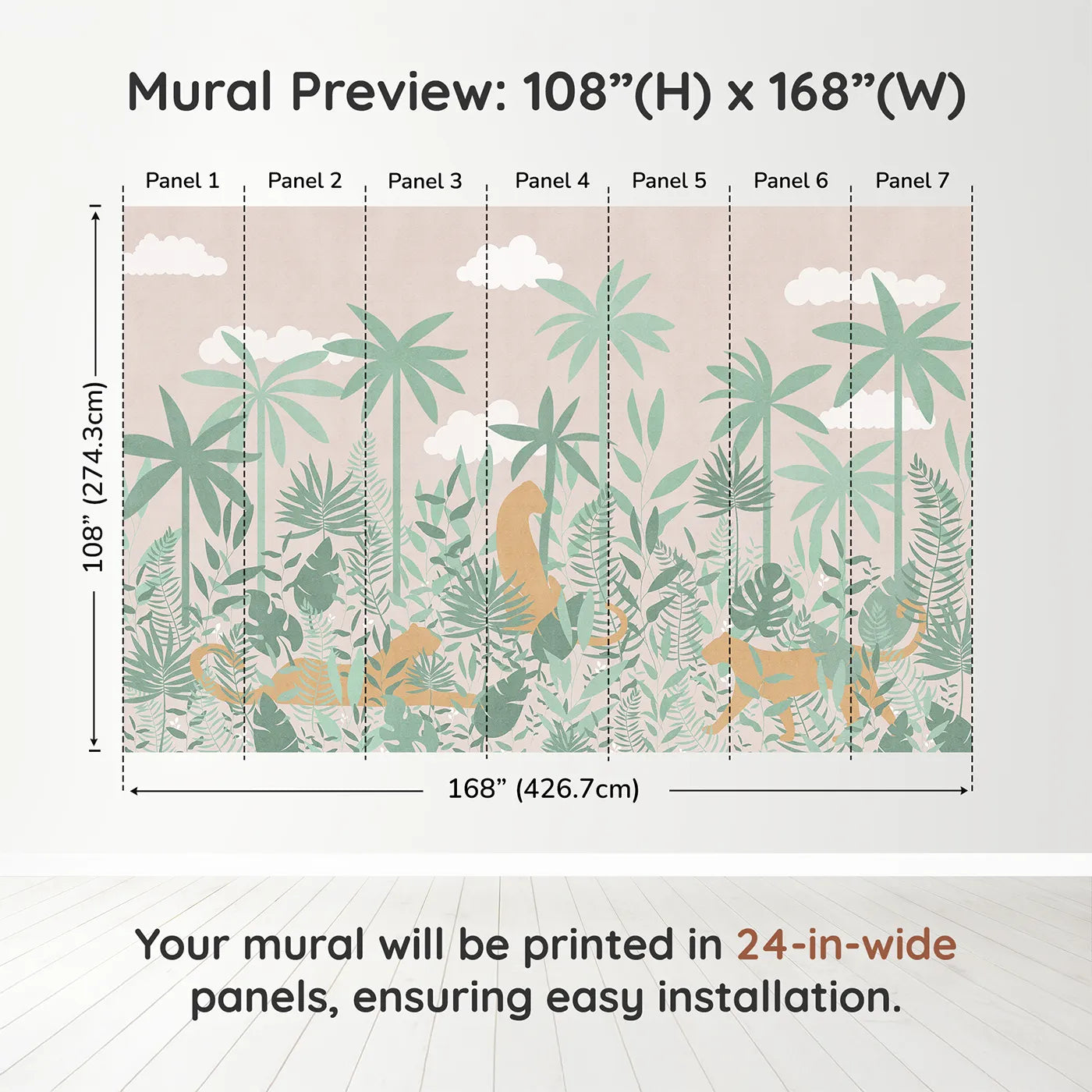 Whimsy Tots Pastel Jungle Silhouette Wall Muraldimension view (108" H x 168" W). Printed in seven 24-inch-wide panels. Gender-Neutral