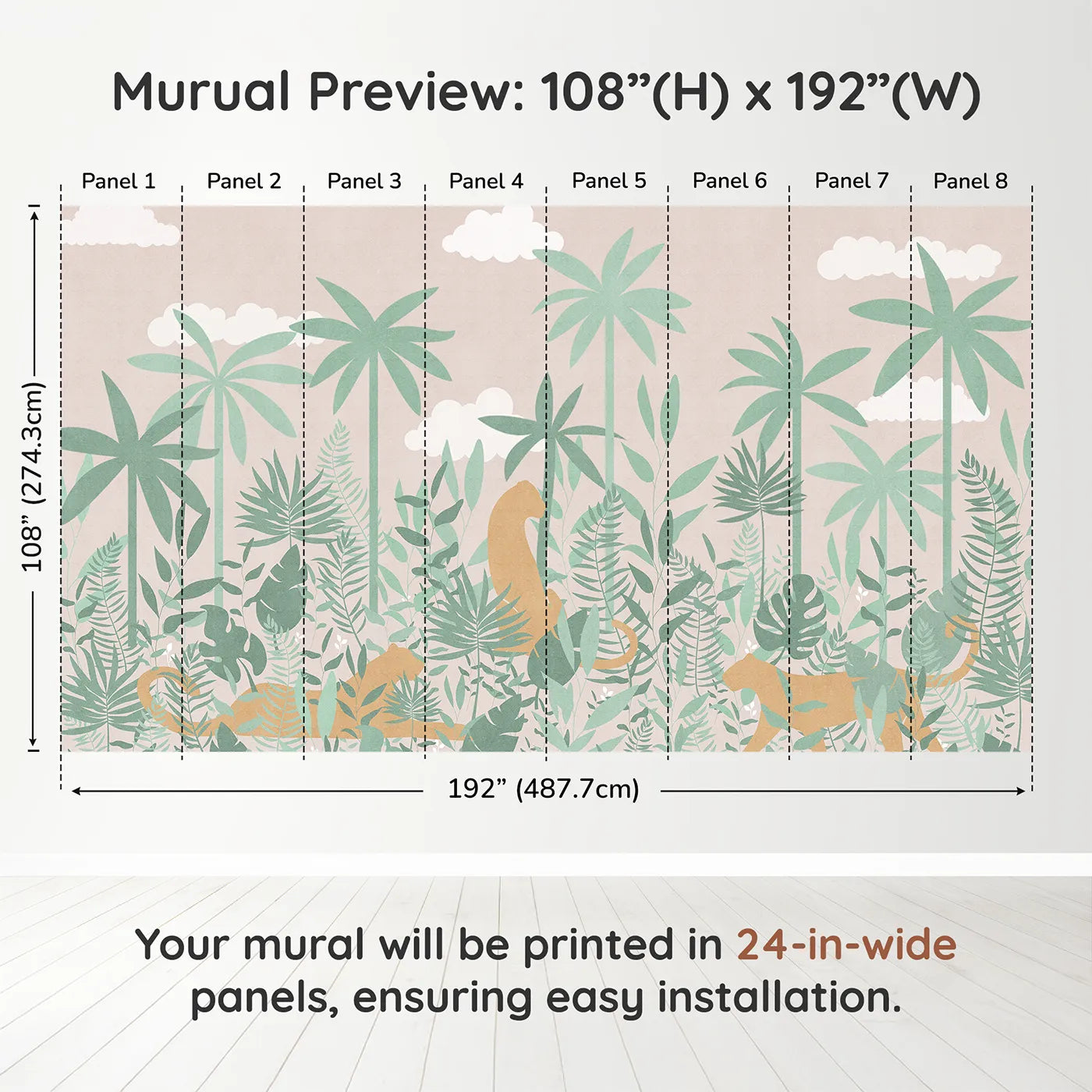 Whimsy Tots Pastel Jungle Silhouette Wall Muraldimension view (108" H x 192" W). Printed in eight 24-inch-wide panels. Gender-Neutral
