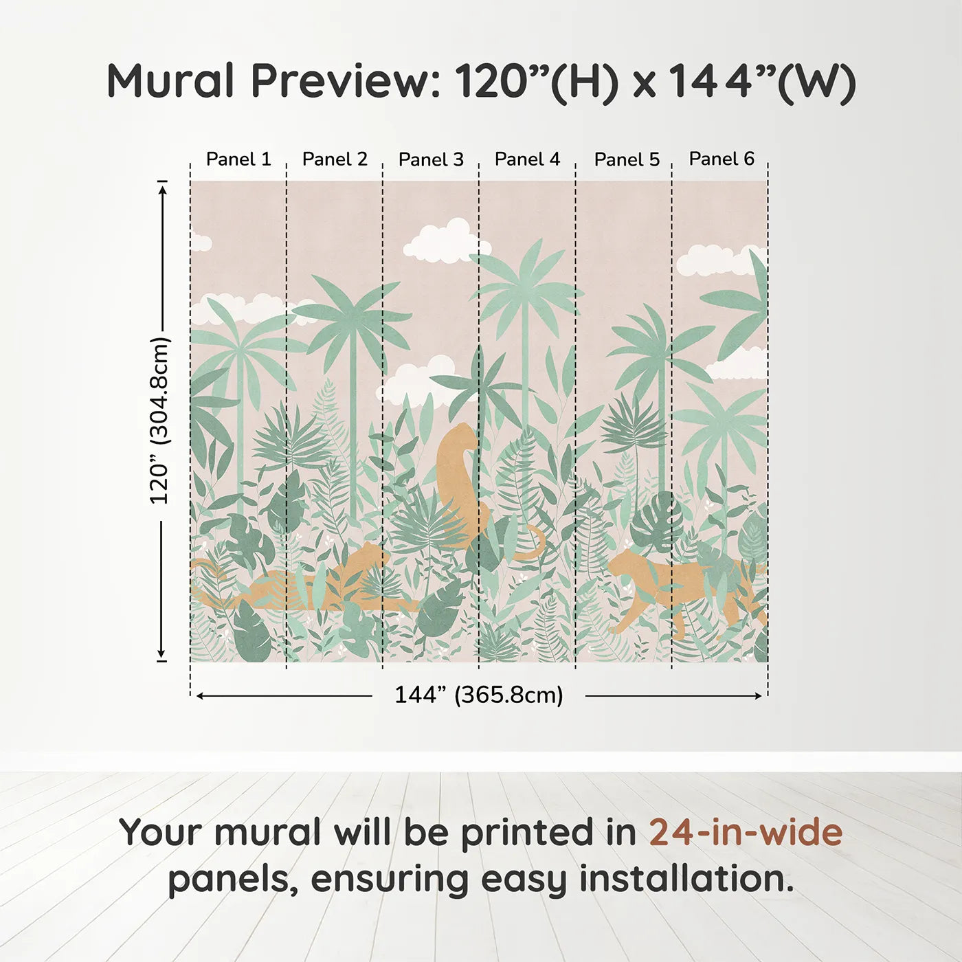 Whimsy Tots Pastel Jungle Silhouette Wall Muraldimension view (120" H x 144" W). Printed in six 24-inch-wide panels. Gender-Neutral