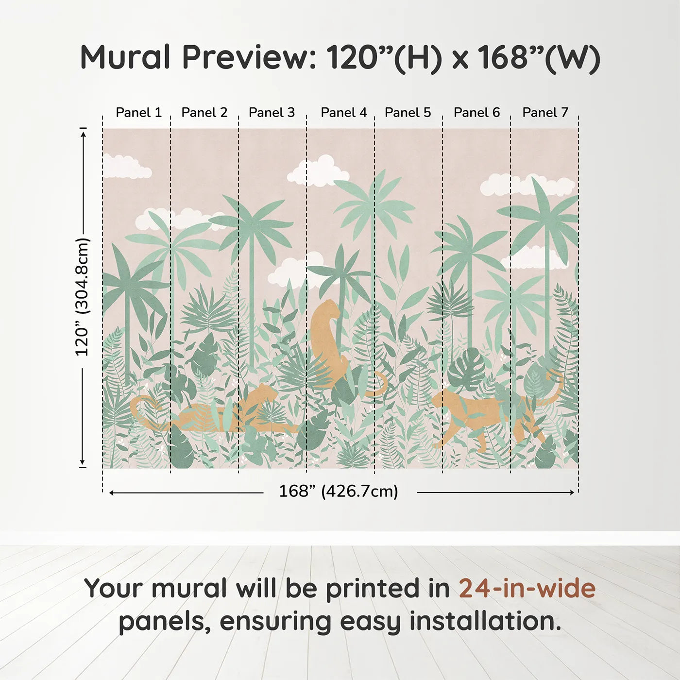 Whimsy Tots Pastel Jungle Silhouette Wall Muraldimension view (120" H x 168" W). Printed in seven 24-inch-wide panels. Gender-Neutral