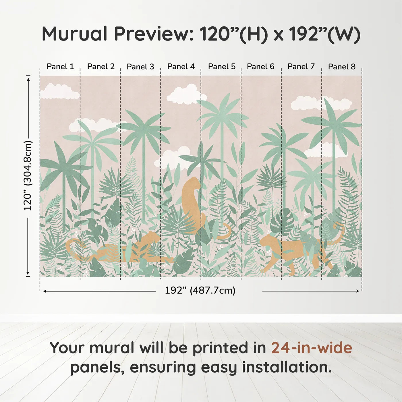 Whimsy Tots Pastel Jungle Silhouette Wall Muraldimension view (120" H x 192" W). Printed in eight 24-inch-wide panels. Gender-Neutral