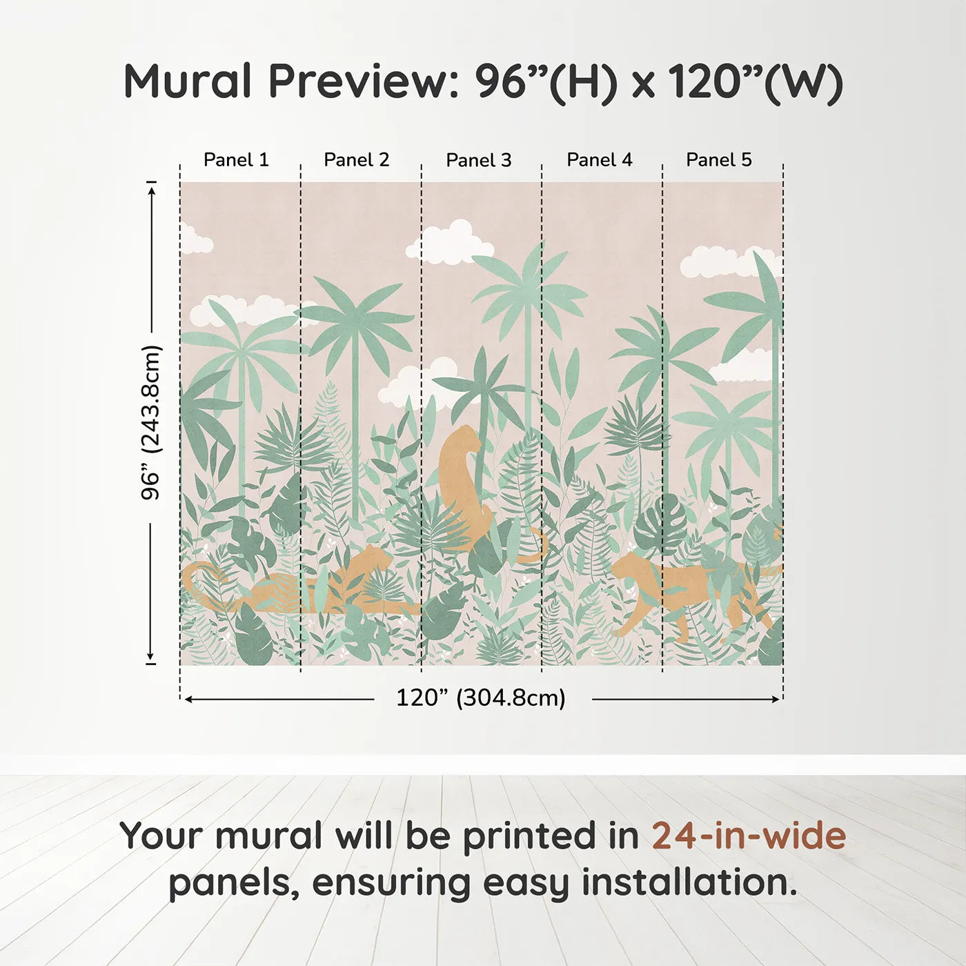 Whimsy Tots Pastel Jungle Silhouette Wall Muraldimension view (96" H x 120" W). Printed in five 24-inch-wide panels. Gender-Neutral