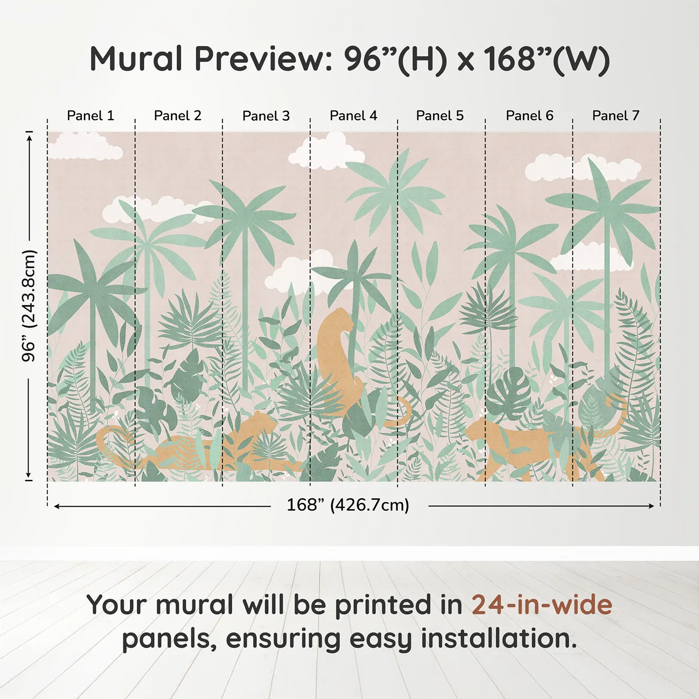 Whimsy Tots Pastel Jungle Silhouette Wall Muraldimension view (96" H x 168" W). Printed in seven 24-inch-wide panels. Gender-Neutral