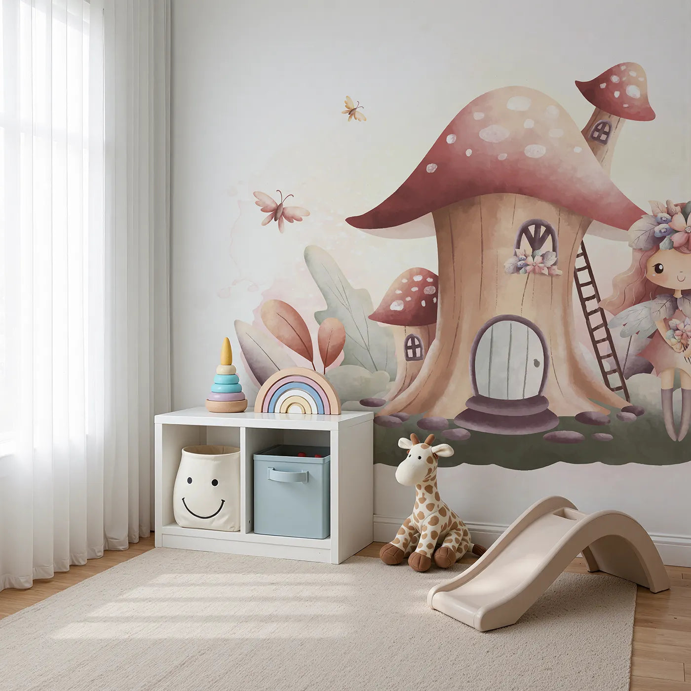Angled view of Whimsy Tots' Fairy Mushroom House Wall Mural in Pink (Turn Their Room into a Sweet and Magical Fairytale Scene).Best for Girls