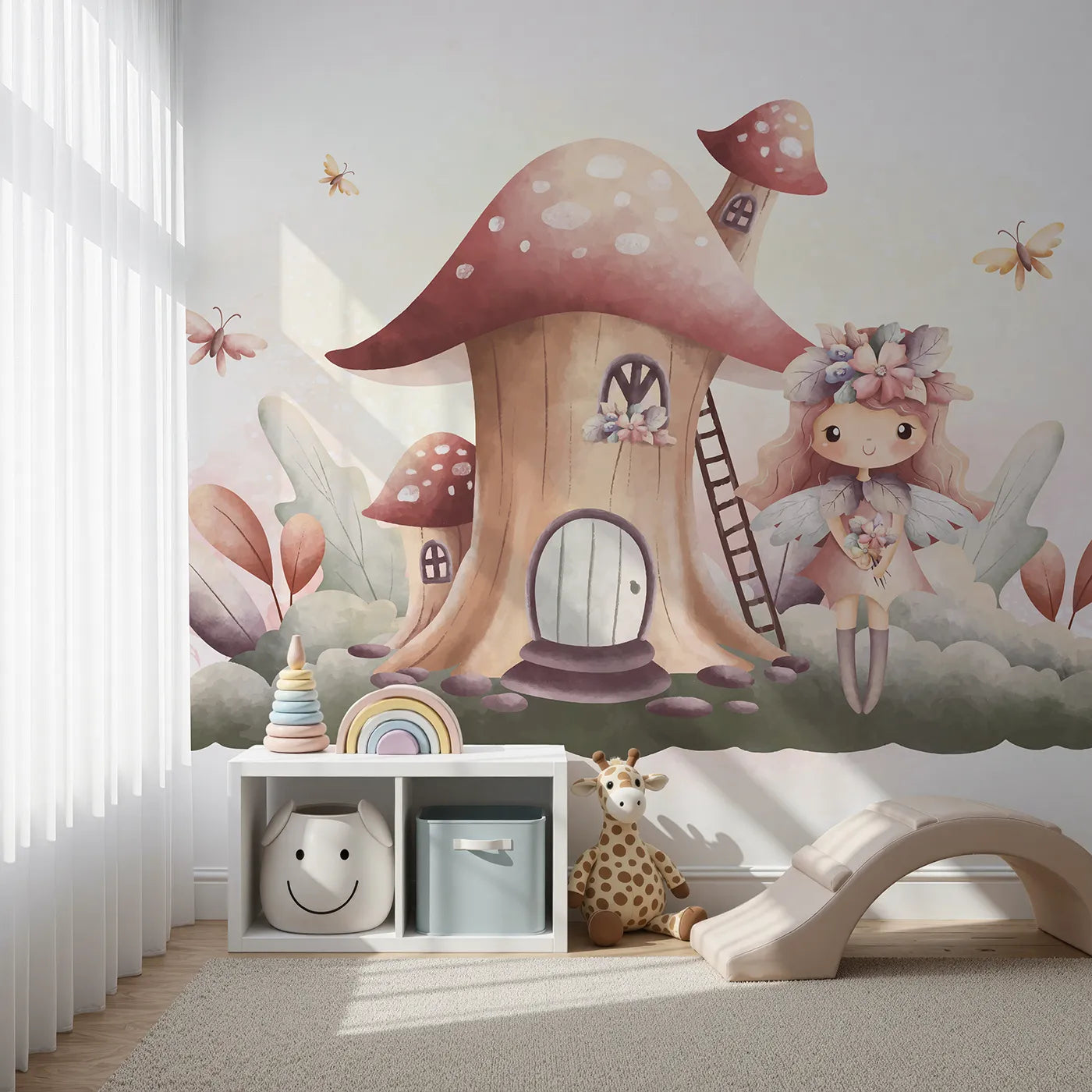 Front view of Whimsy Tots' Fairy Mushroom House Wall Mural in Pink
