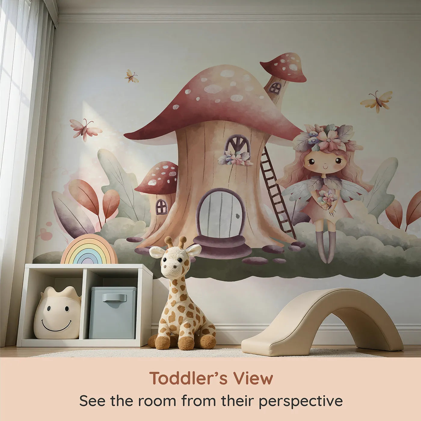 Whimsy Tots Fairy Mushroom House Wall Mural in Pink (Turn Their Room into a Sweet and Magical Fairytale Scene) from your child's view.Best for Girls