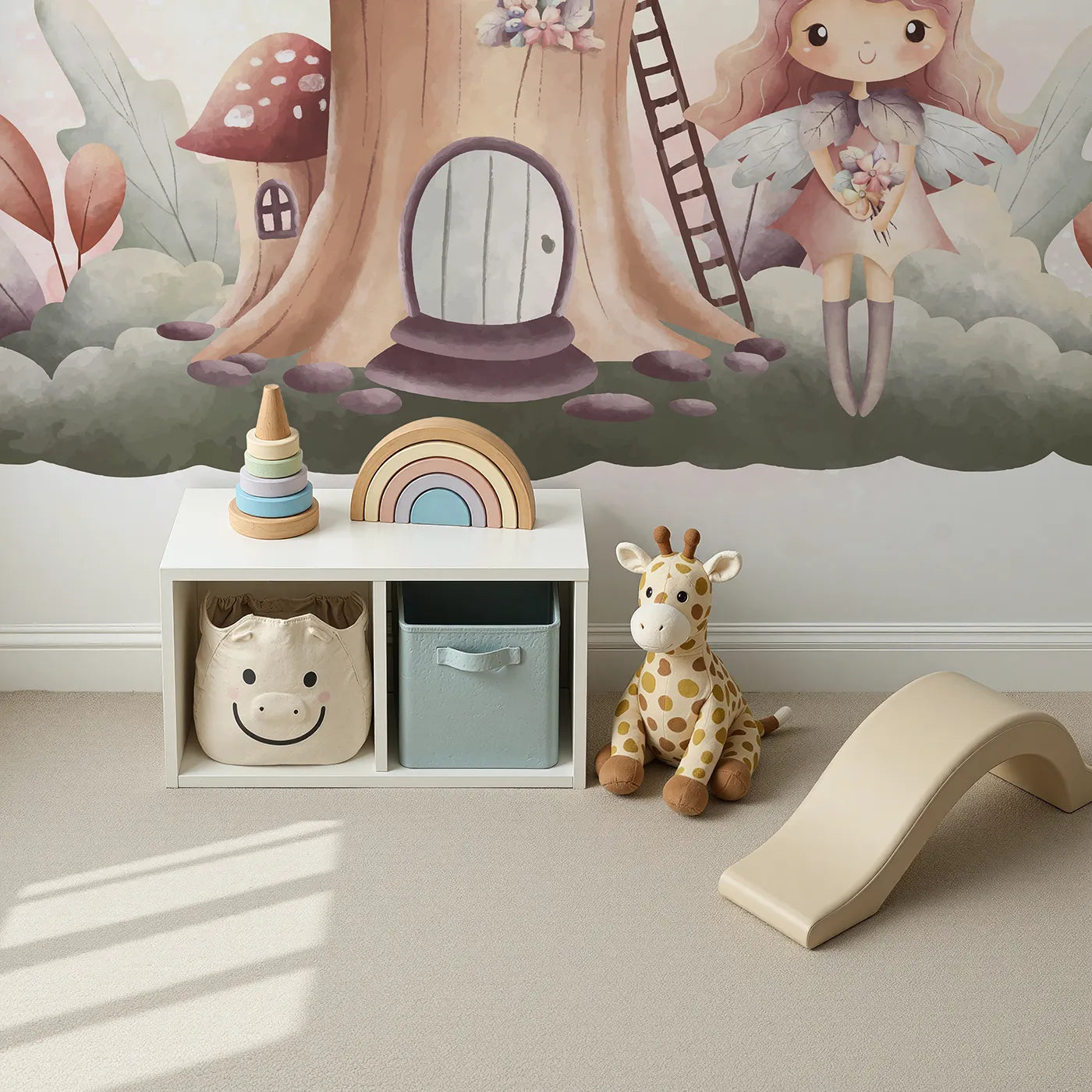 Top-down view of Whimsy Tots' Fairy Mushroom House Wall Mural in Pink (Turn Their Room into a Sweet and Magical Fairytale Scene).Best for Girls
