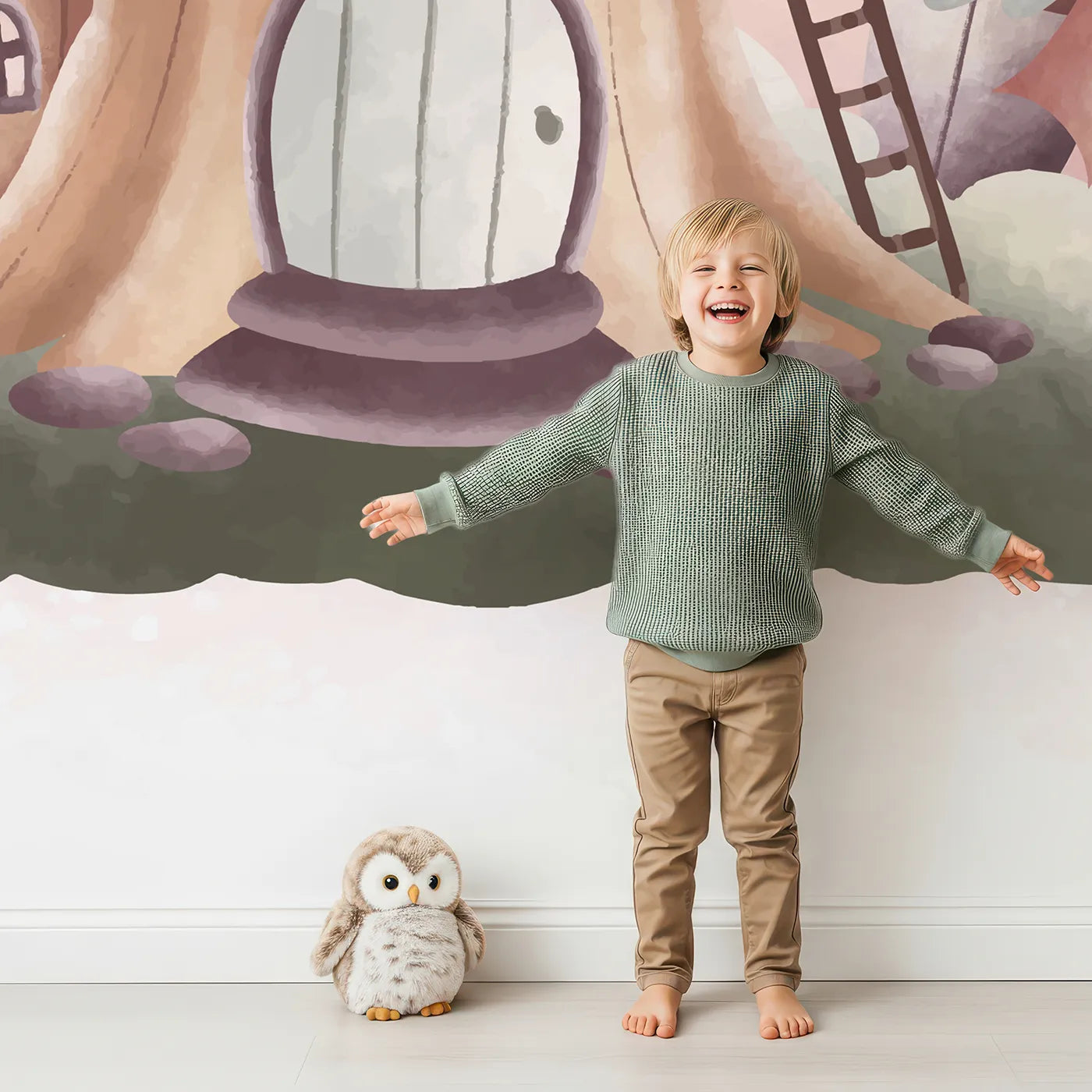 Child in front of Whimsy Tots Fairy Mushroom House Wall Mural in Pink with fairy, mushroom, house, cute, watercolor, fairytale, pink, magical in design.