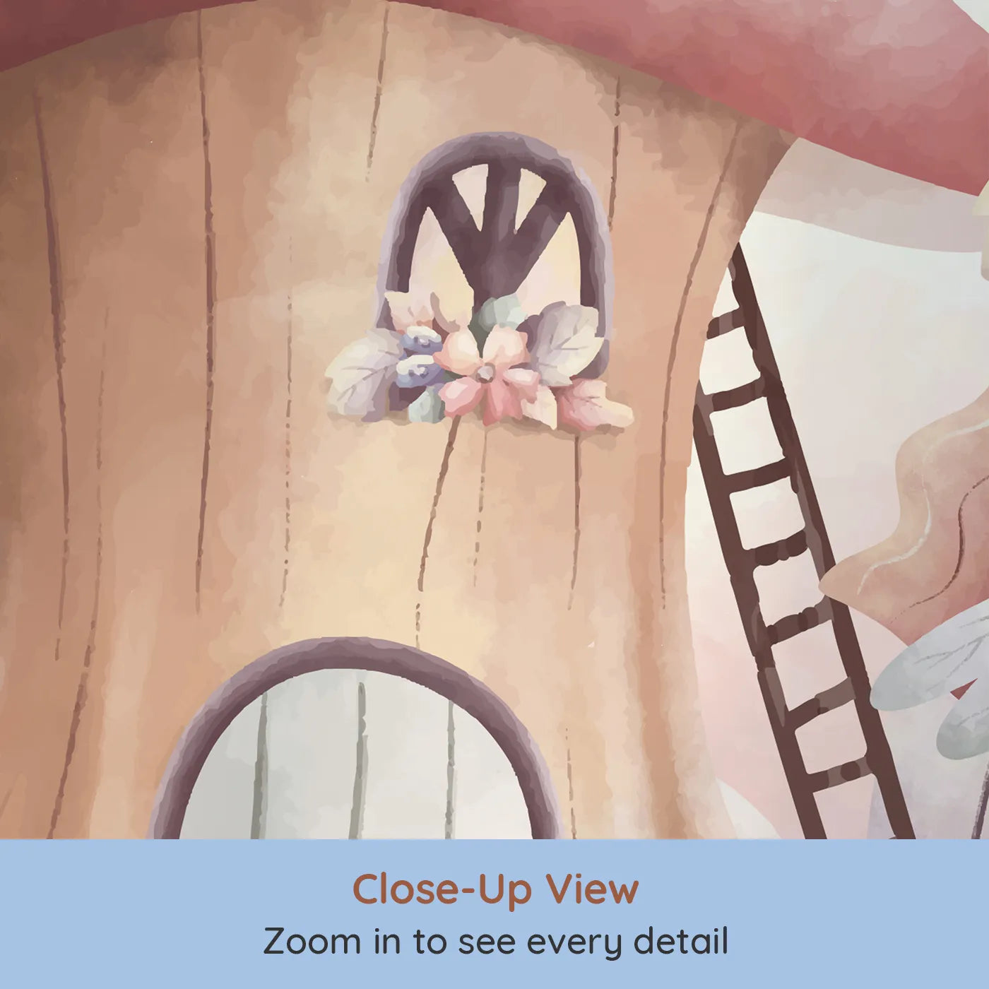 Close-up view of Whimsy Tots' Fairy Mushroom House Wall Mural in Pink (Turn Their Room into a Sweet and Magical Fairytale Scene).Best for Girls