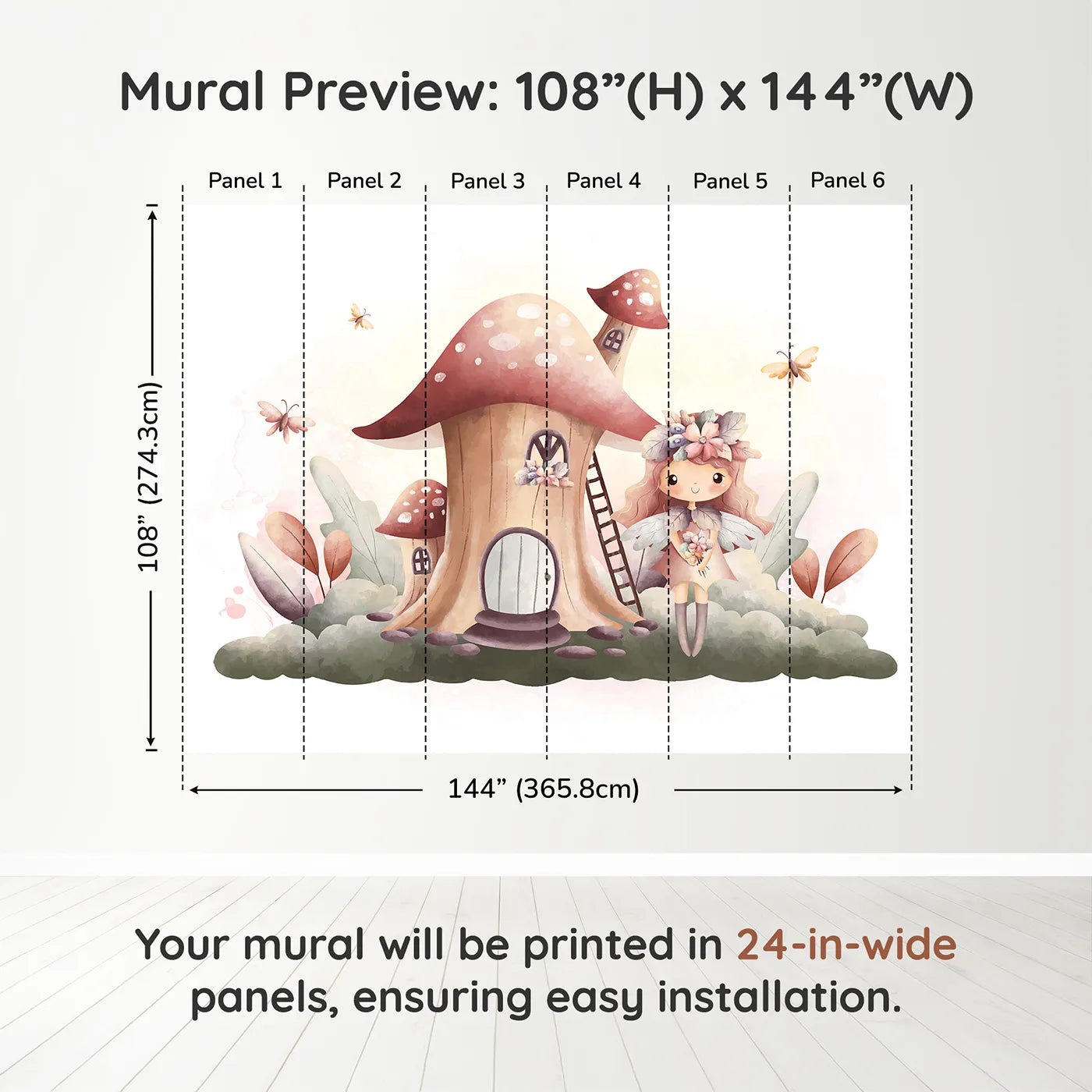 Whimsy Tots Fairy Mushroom House Wall Mural in Pinkdimension view (108" H x 144" W). Printed in six 24-inch-wide panels. Best for Girls