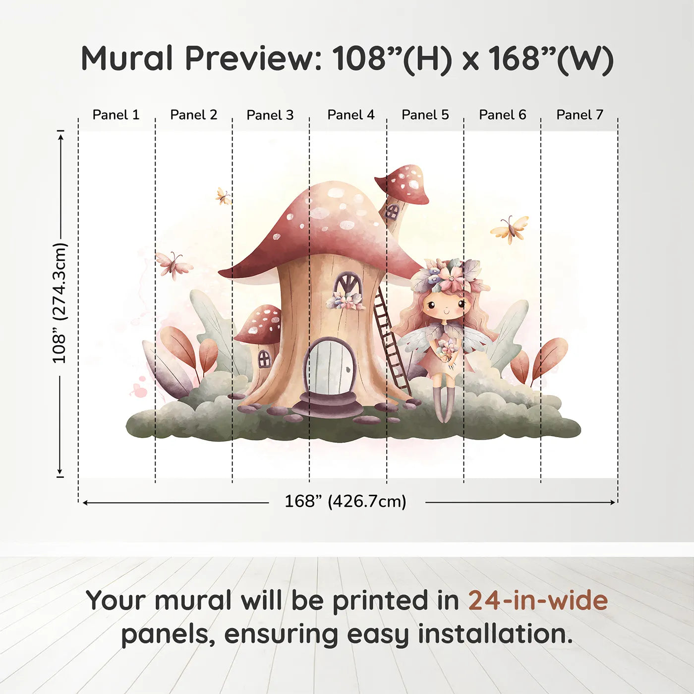 Whimsy Tots Fairy Mushroom House Wall Mural in Pinkdimension view (108" H x 168" W). Printed in seven 24-inch-wide panels. Best for Girls