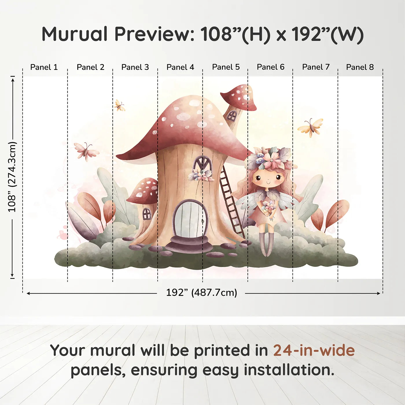 Whimsy Tots Fairy Mushroom House Wall Mural in Pinkdimension view (108" H x 192" W). Printed in eight 24-inch-wide panels. Best for Girls