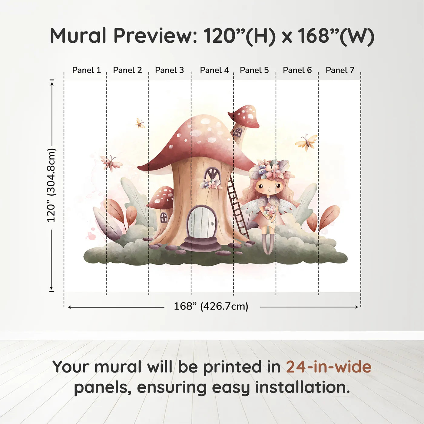 Whimsy Tots Fairy Mushroom House Wall Mural in Pinkdimension view (120" H x 168" W). Printed in seven 24-inch-wide panels. Best for Girls