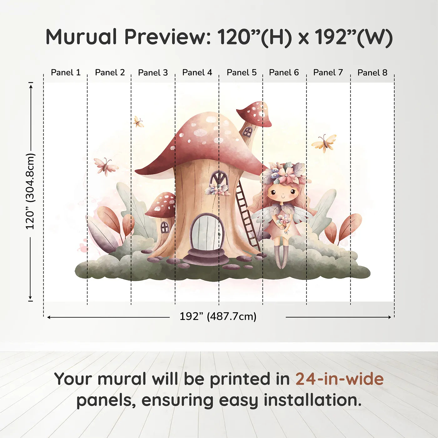 Whimsy Tots Fairy Mushroom House Wall Mural in Pinkdimension view (120" H x 192" W). Printed in eight 24-inch-wide panels. Best for Girls