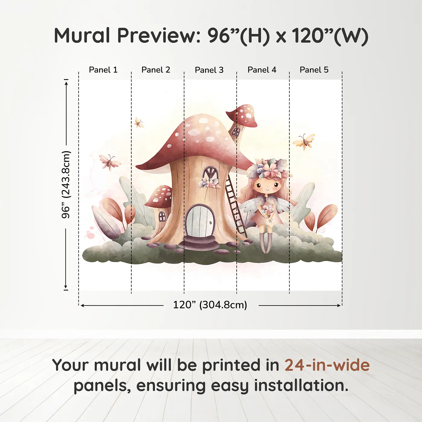 Whimsy Tots Fairy Mushroom House Wall Mural in Pinkdimension view (96" H x 120" W). Printed in five 24-inch-wide panels. Best for Girls