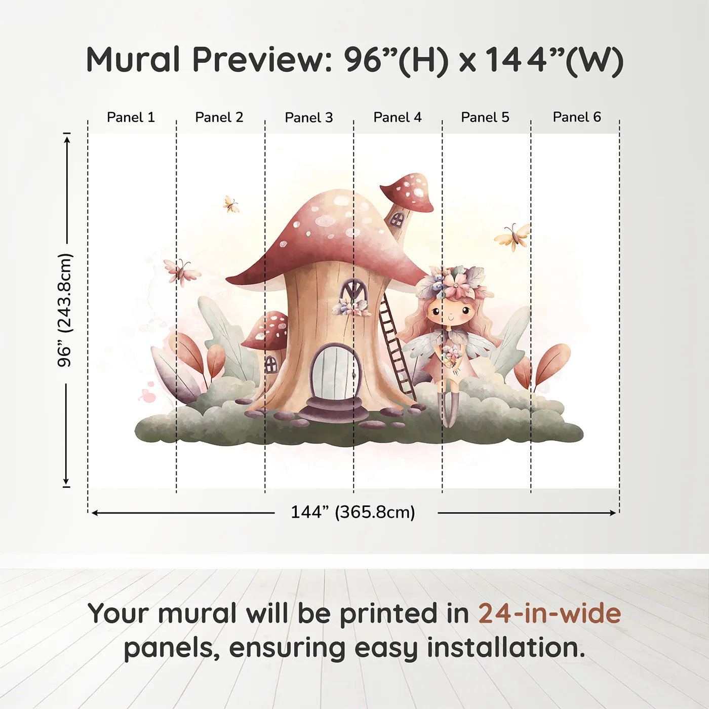 Whimsy Tots Fairy Mushroom House Wall Mural in Pinkdimension view (96" H x 144" W). Printed in six 24-inch-wide panels. Best for Girls