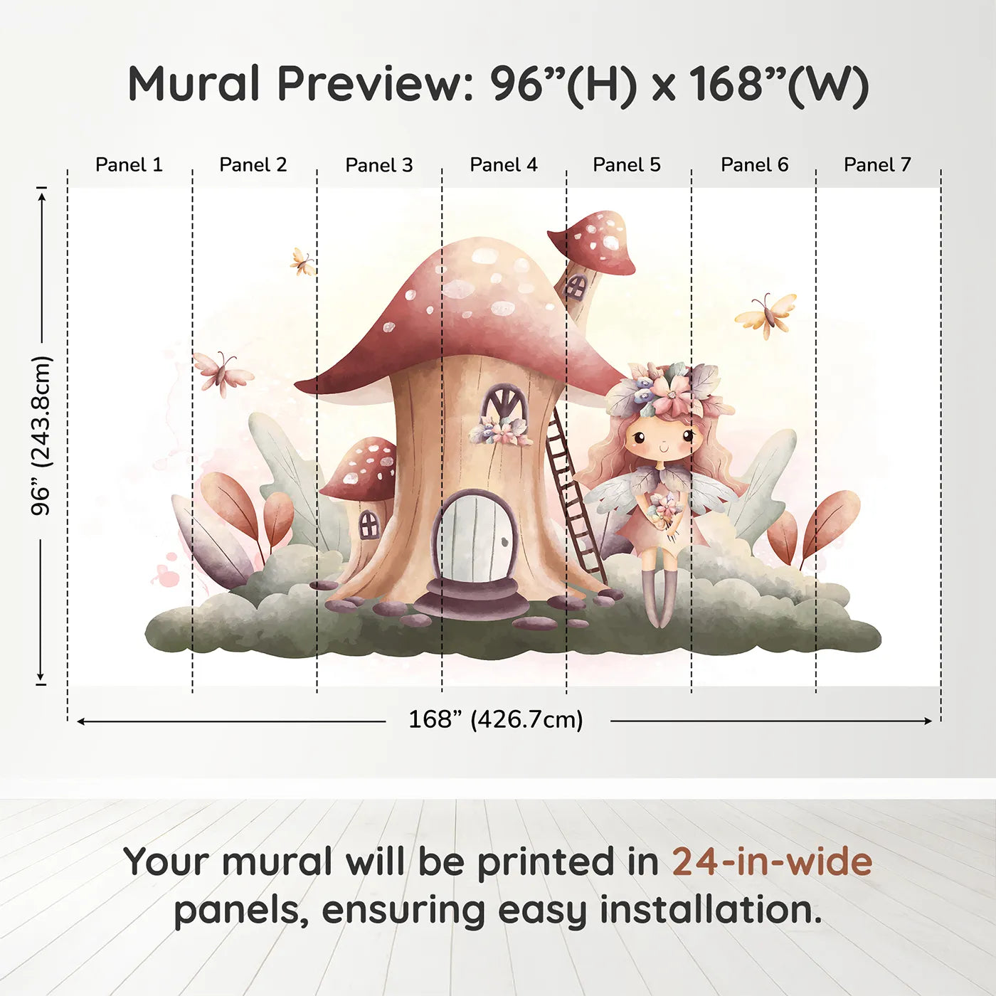 Whimsy Tots Fairy Mushroom House Wall Mural in Pinkdimension view (96" H x 168" W). Printed in seven 24-inch-wide panels. Best for Girls